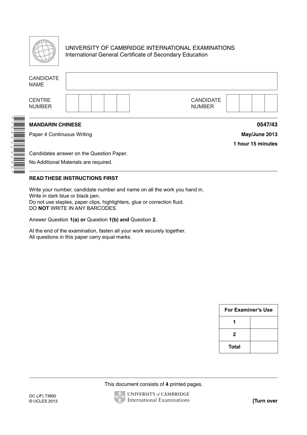 Cambridge IGCSE Chinese (Mandarin) - Foreign Language 0547 2013 May/June Paper 4 · Variant 3 question paper, page 1 of 4