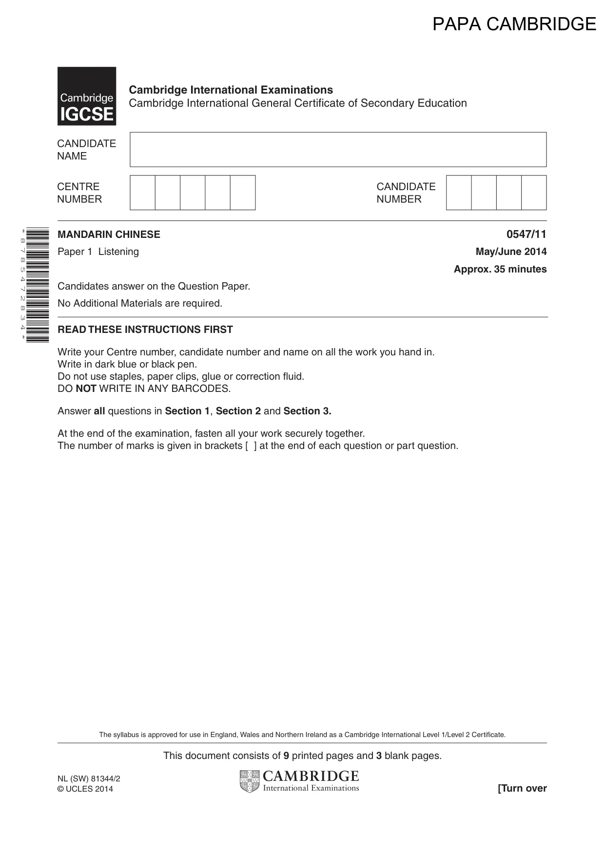Cambridge IGCSE Chinese (Mandarin) - Foreign Language 0547 2014 May/June Paper 1 · Variant 1 question paper, page 1 of 12
