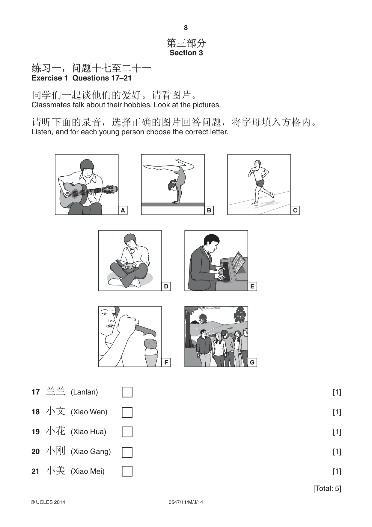 Cambridge IGCSE Chinese (Mandarin) - Foreign Language 0547 2014 May/June Paper 1 · Variant 1 question paper, page 8 of 12