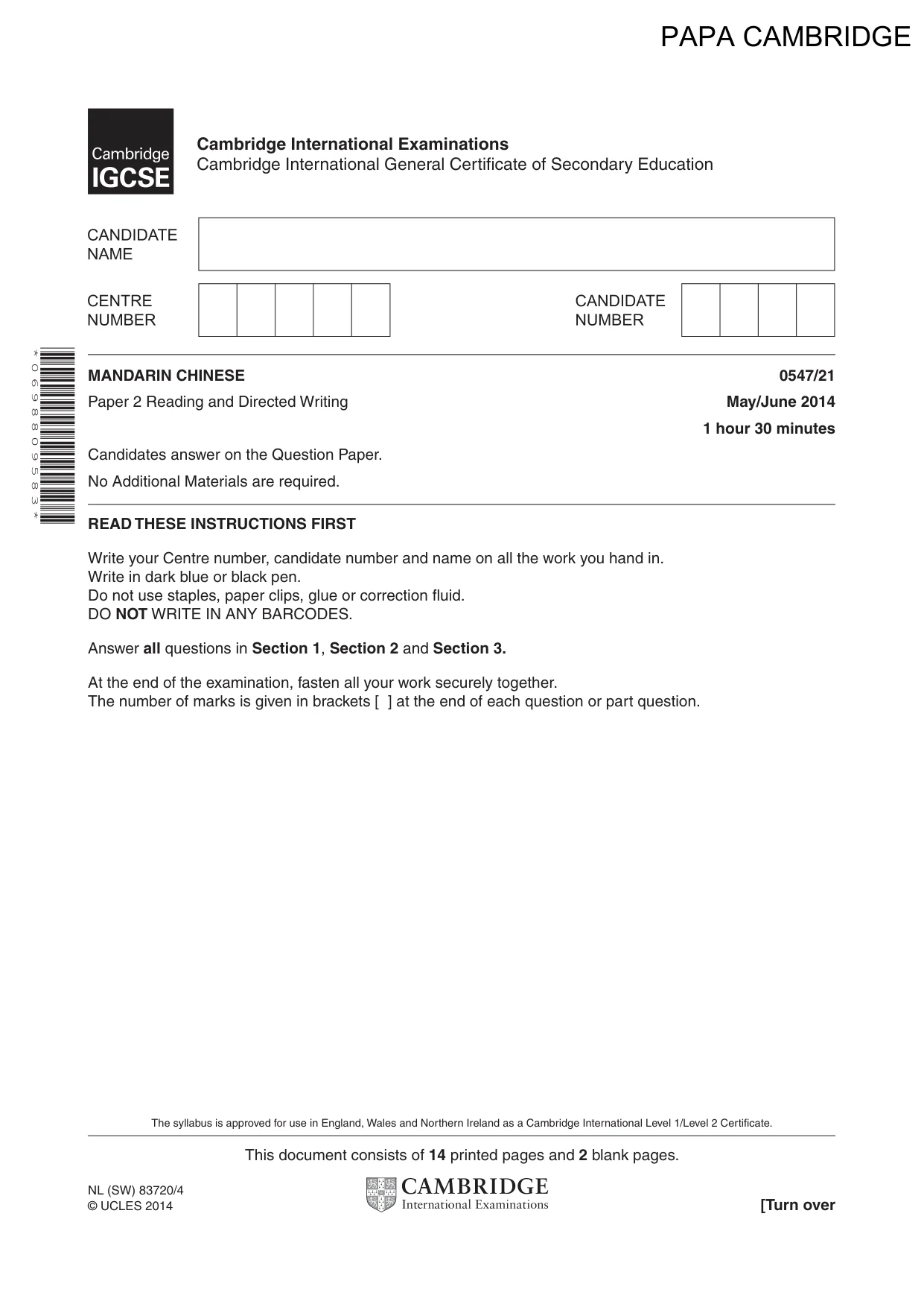 Cambridge IGCSE Chinese (Mandarin) - Foreign Language 0547 2014 May/June Paper 2 · Variant 1 question paper, page 1 of 16