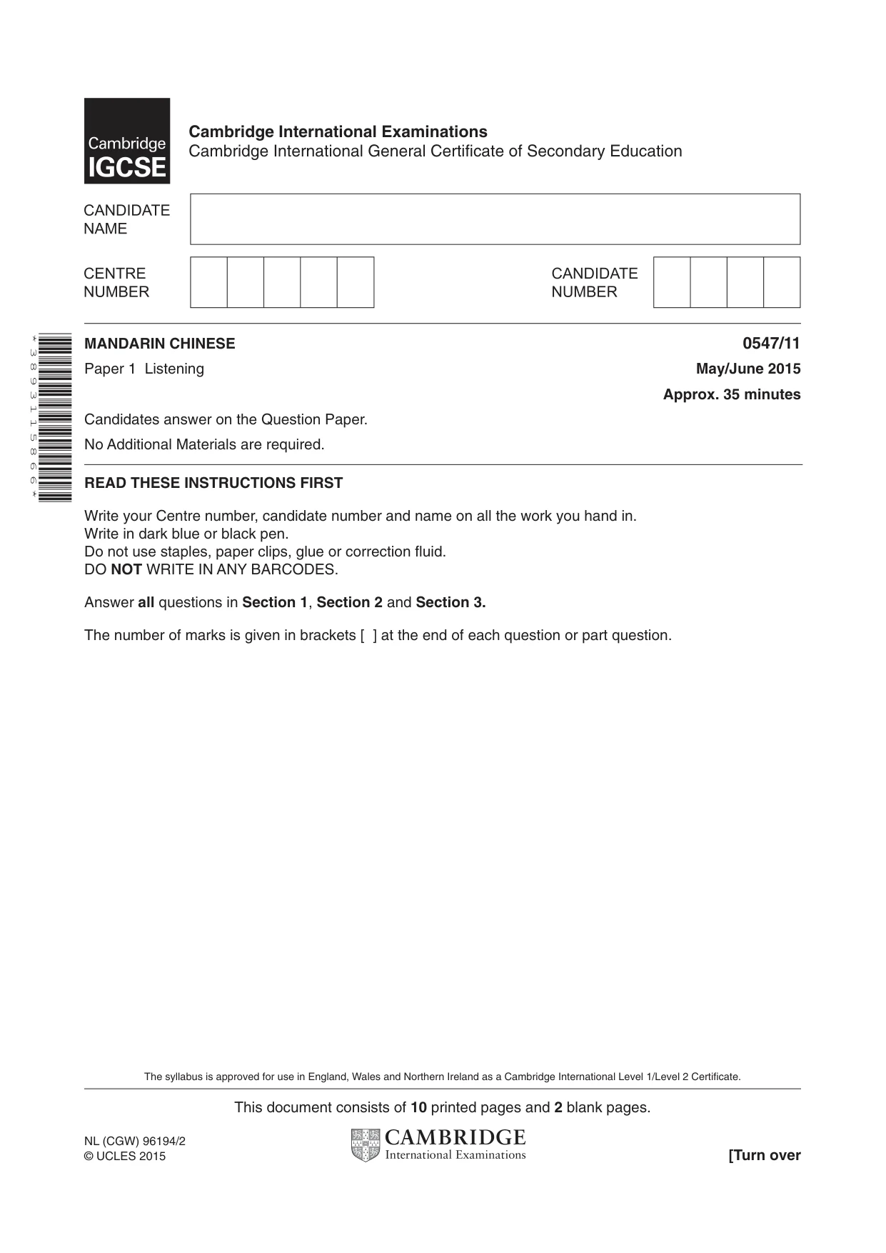 Cambridge IGCSE Chinese (Mandarin) - Foreign Language 0547 2015 May/June Paper 1 · Variant 1 question paper, page 1 of 12