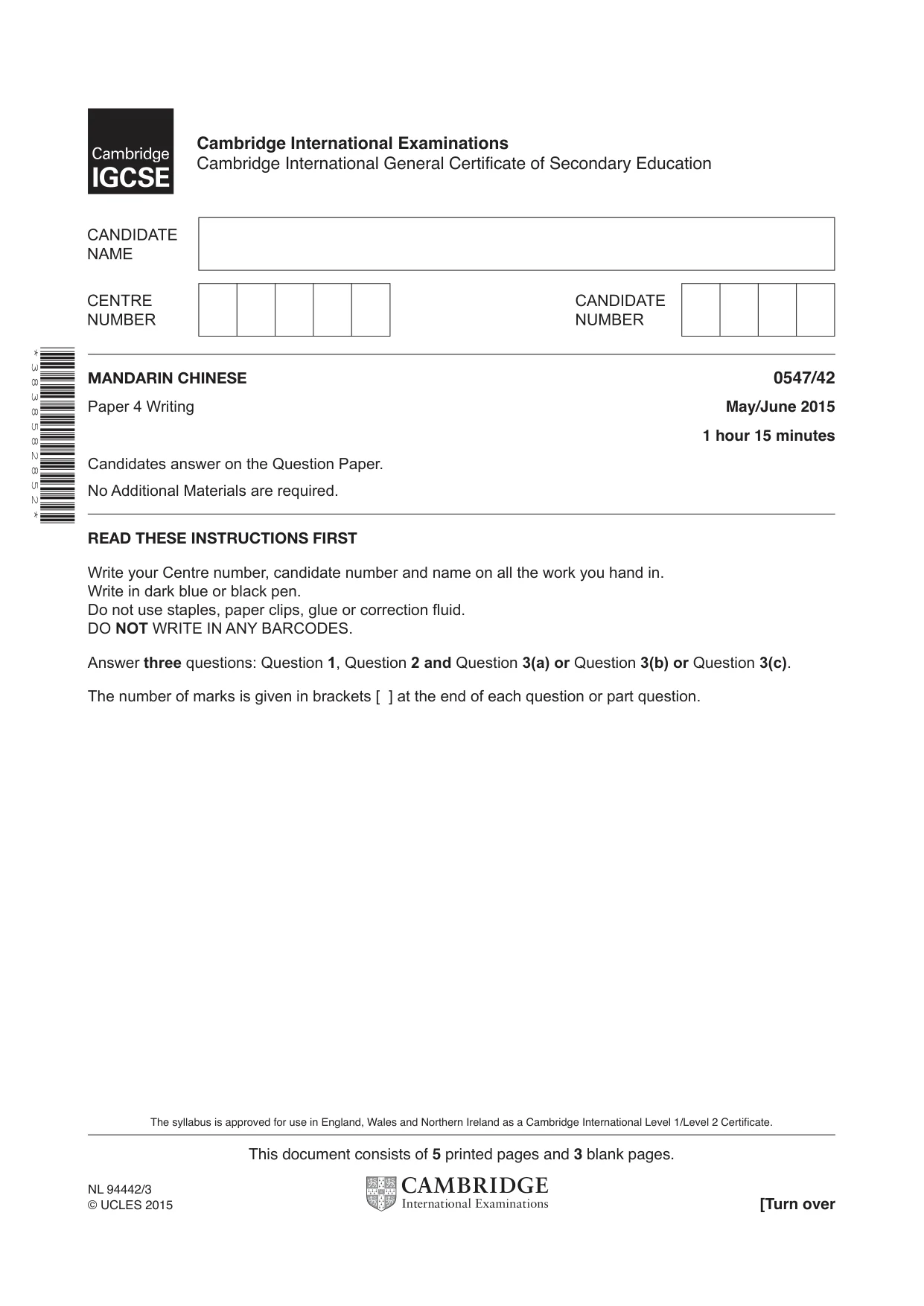 Cambridge IGCSE Chinese (Mandarin) - Foreign Language 0547 2015 May/June Paper 4 · Variant 2 question paper, page 1 of 8