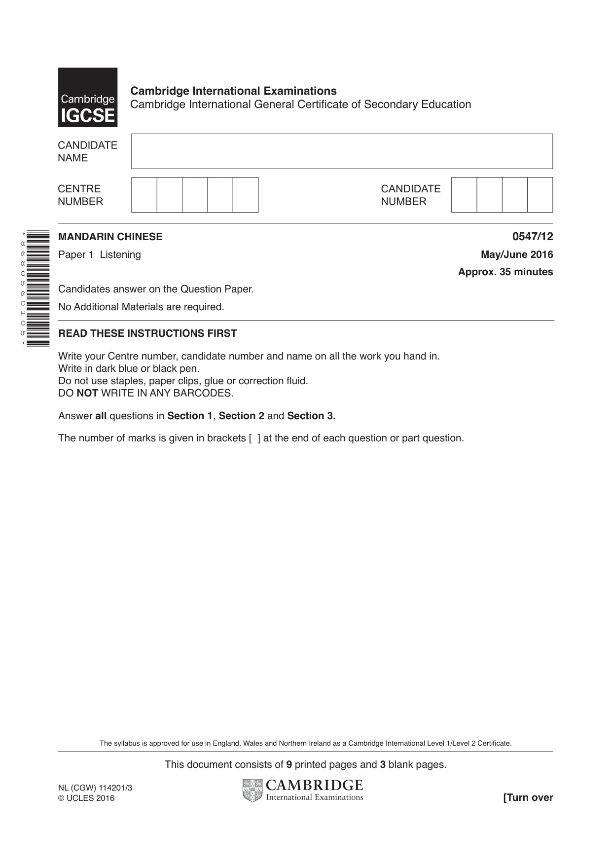 Cambridge IGCSE Chinese (Mandarin) - Foreign Language 0547 2016 May/June Paper 1 · Variant 2 question paper, page 1 of 12