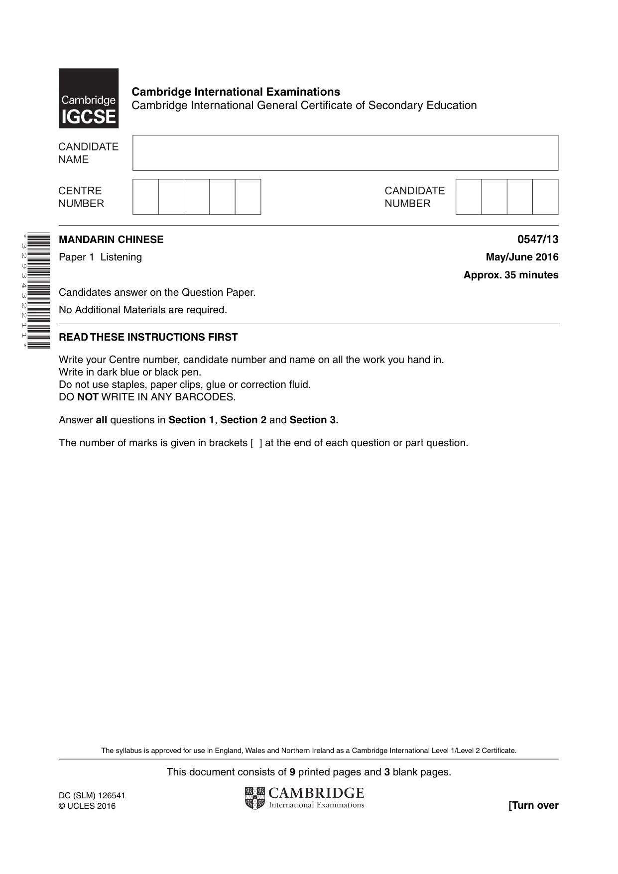 Cambridge IGCSE Chinese (Mandarin) - Foreign Language 0547 2016 May/June Paper 1 · Variant 3 question paper, page 1 of 12