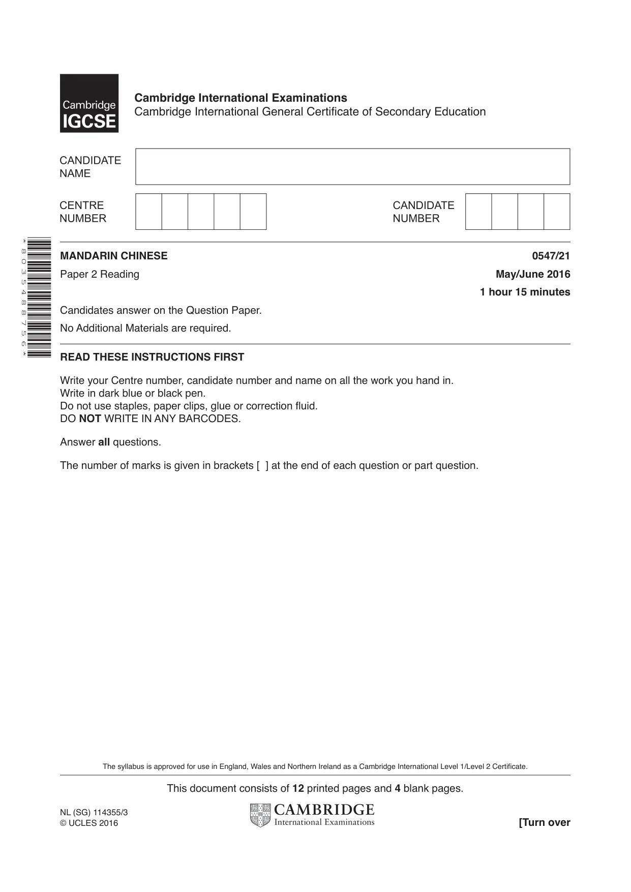 Cambridge IGCSE Chinese (Mandarin) - Foreign Language 0547 2016 May/June Paper 2 · Variant 1 question paper, page 1 of 16