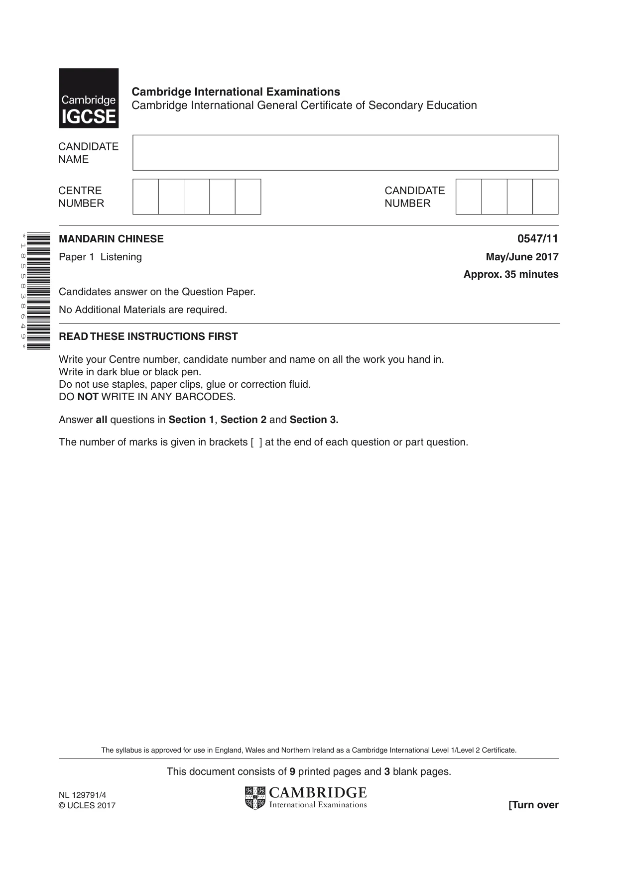 Cambridge IGCSE Chinese (Mandarin) - Foreign Language 0547 2017 May/June Paper 1 · Variant 1 question paper, page 1 of 12