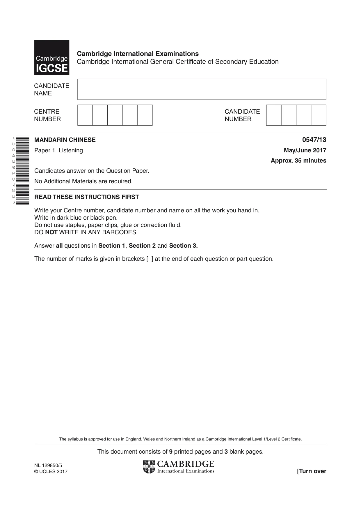 Cambridge IGCSE Chinese (Mandarin) - Foreign Language 0547 2017 May/June Paper 1 · Variant 3 question paper, page 1 of 12