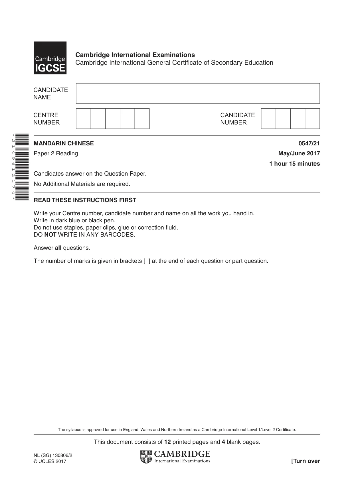 Cambridge IGCSE Chinese (Mandarin) - Foreign Language 0547 2017 May/June Paper 2 · Variant 1 question paper, page 1 of 16