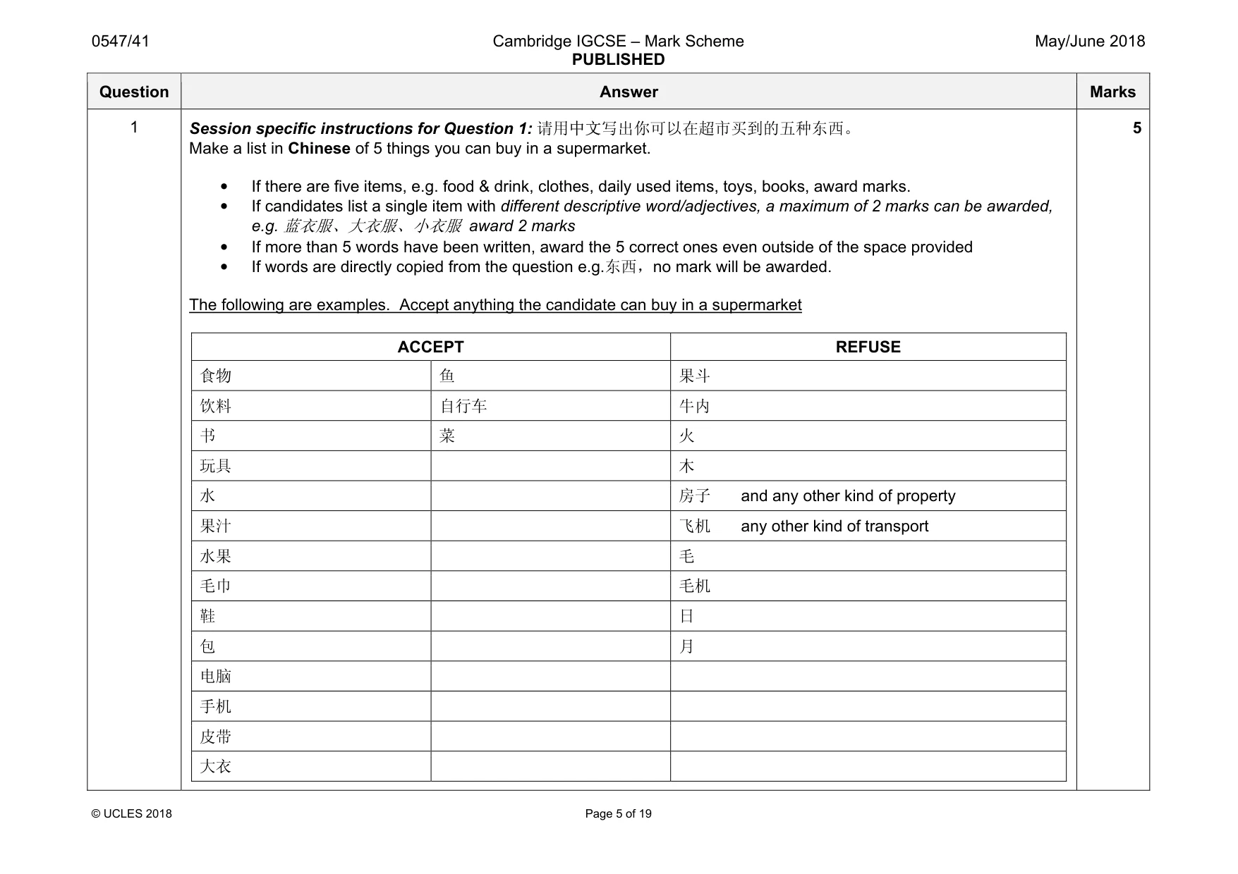Mark scheme, page 5 of 19