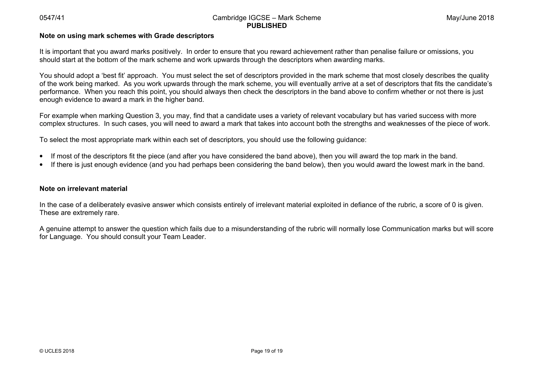 Mark scheme, page 19 of 19