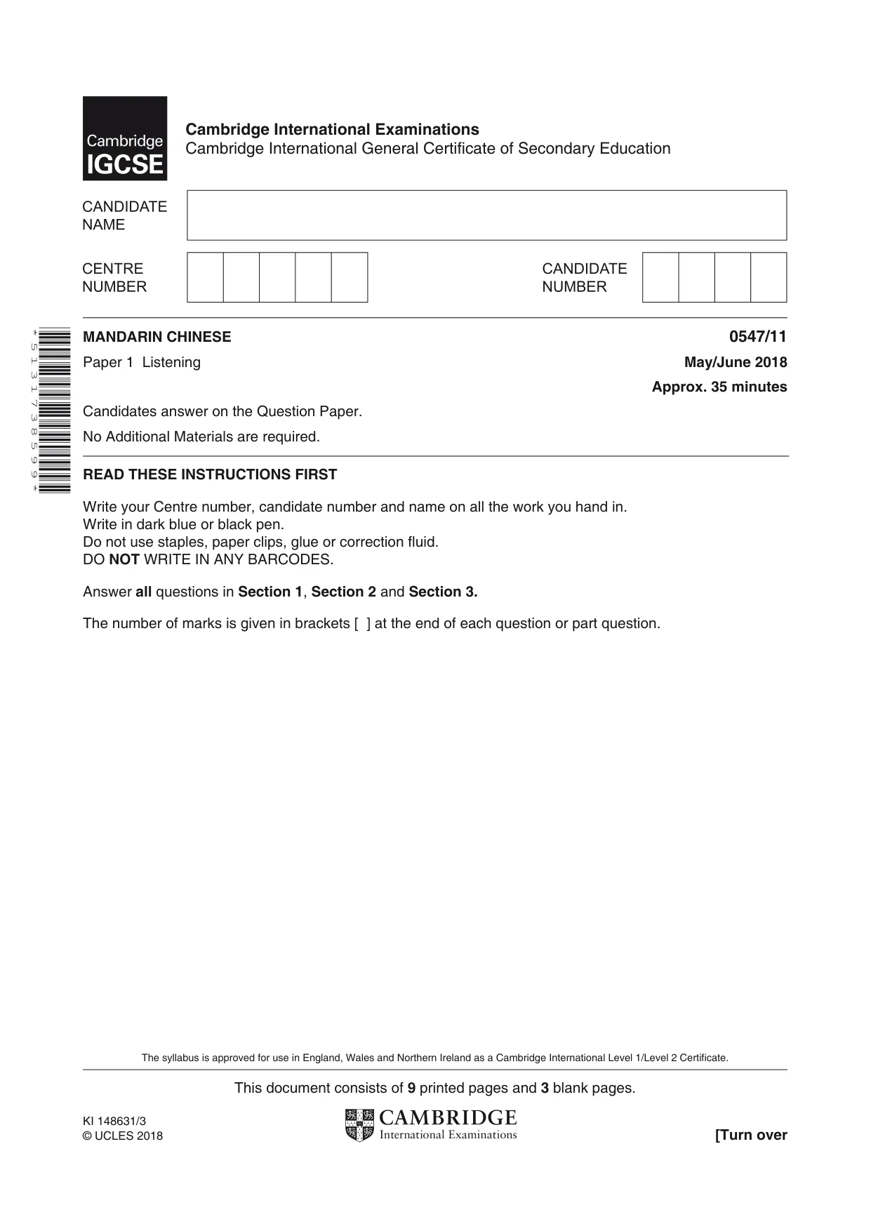 Cambridge IGCSE Chinese (Mandarin) - Foreign Language 0547 2018 May/June Paper 1 · Variant 1 question paper, page 1 of 12