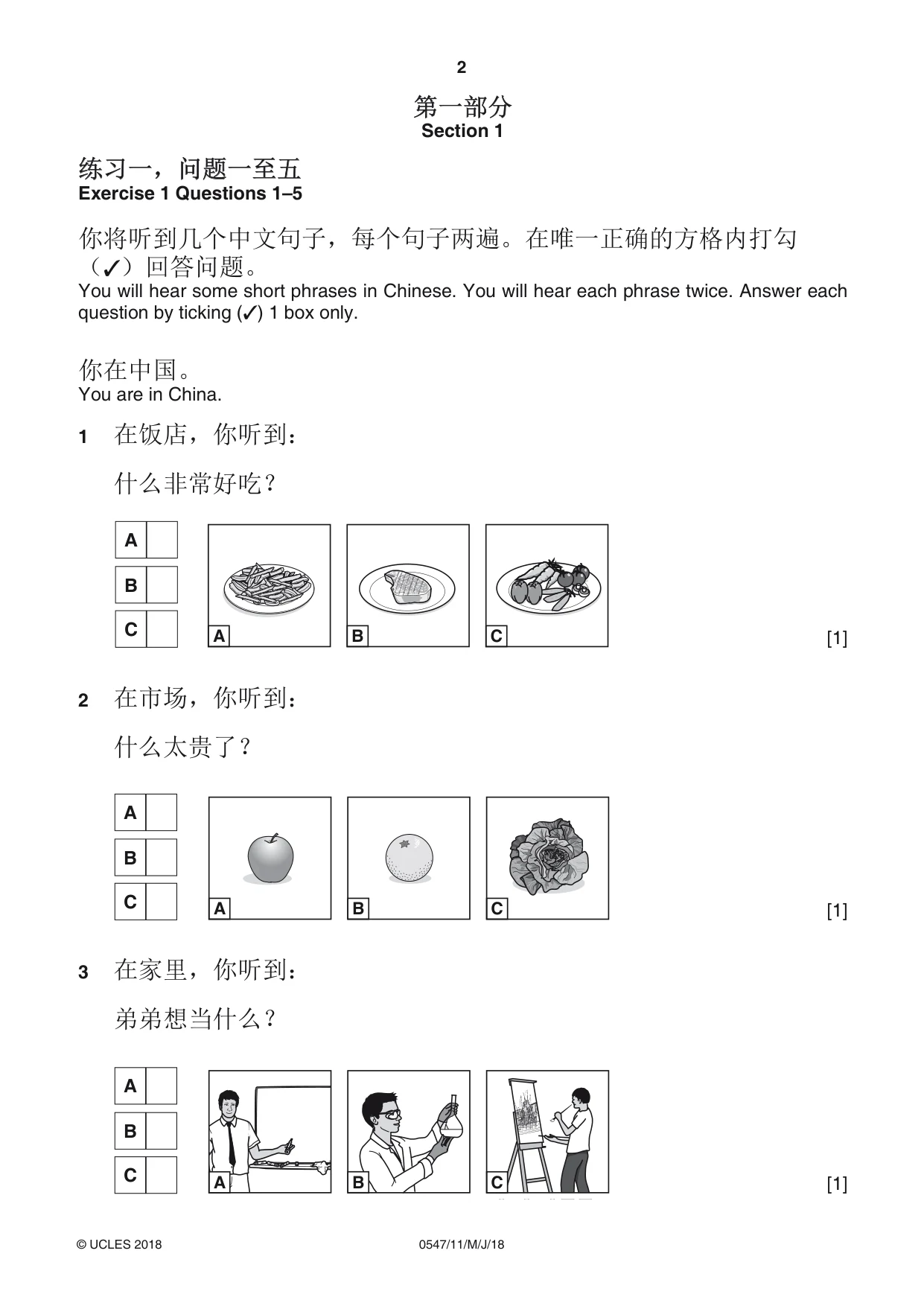 Cambridge IGCSE Chinese (Mandarin) - Foreign Language 0547 2018 May/June Paper 1 · Variant 1 question paper, page 2 of 12