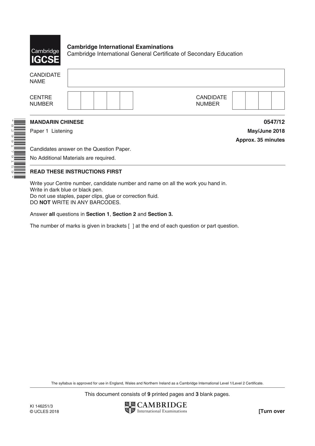 Cambridge IGCSE Chinese (Mandarin) - Foreign Language 0547 2018 May/June Paper 1 · Variant 2 question paper, page 1 of 12