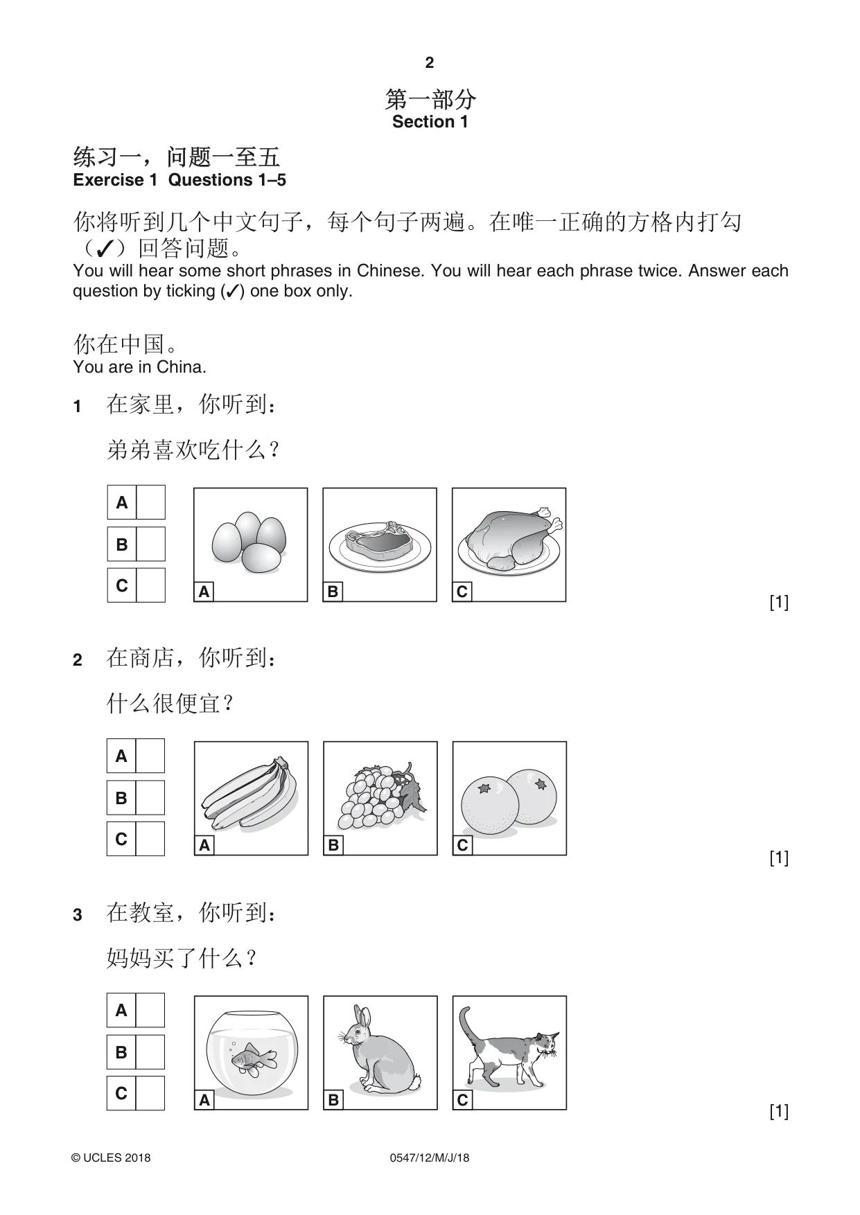 Cambridge IGCSE Chinese (Mandarin) - Foreign Language 0547 2018 May/June Paper 1 · Variant 2 question paper, page 2 of 12
