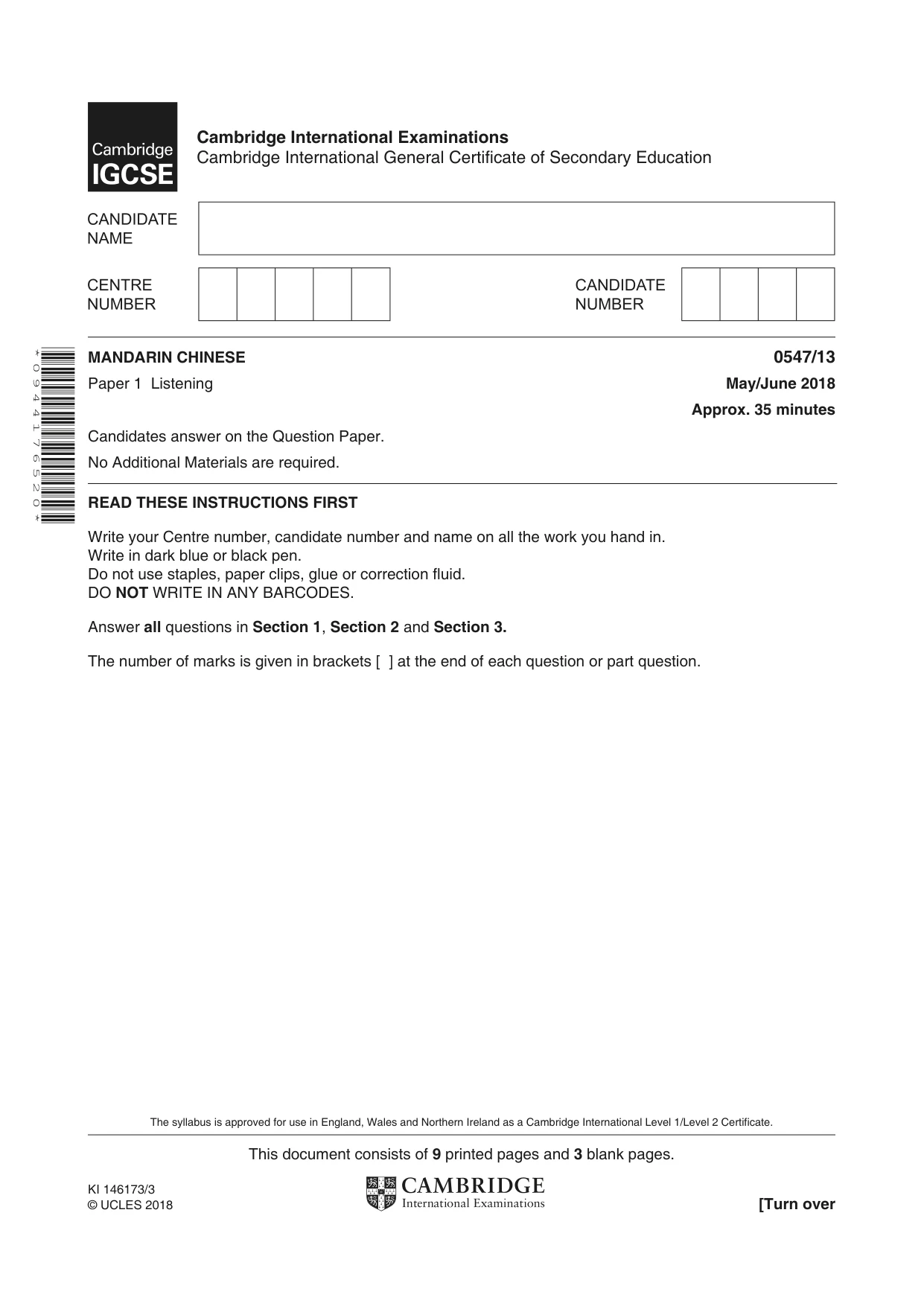 Cambridge IGCSE Chinese (Mandarin) - Foreign Language 0547 2018 May/June Paper 1 · Variant 3 question paper, page 1 of 12