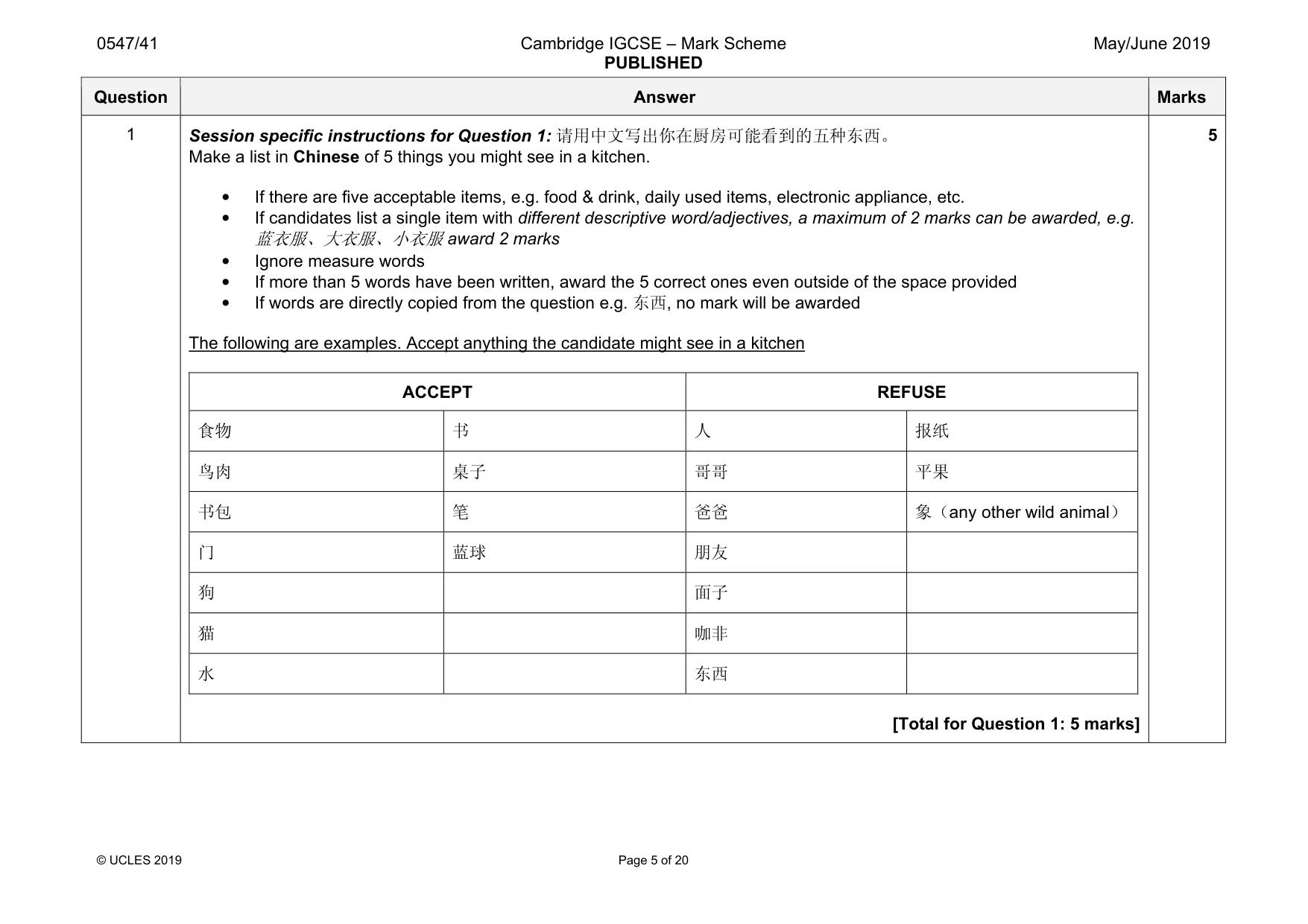 Mark scheme, page 5 of 20
