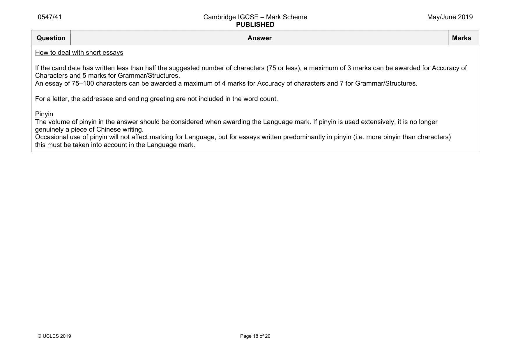 Mark scheme, page 18 of 20