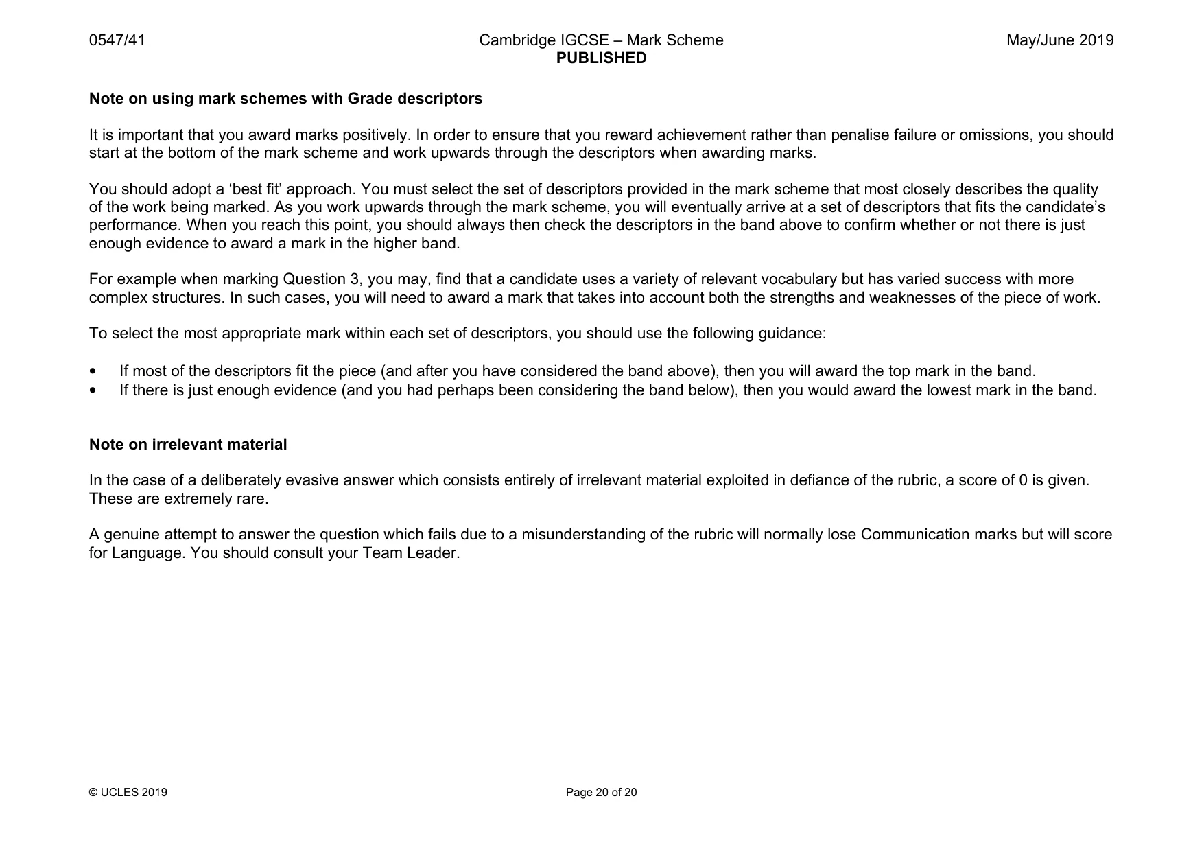 Mark scheme, page 20 of 20