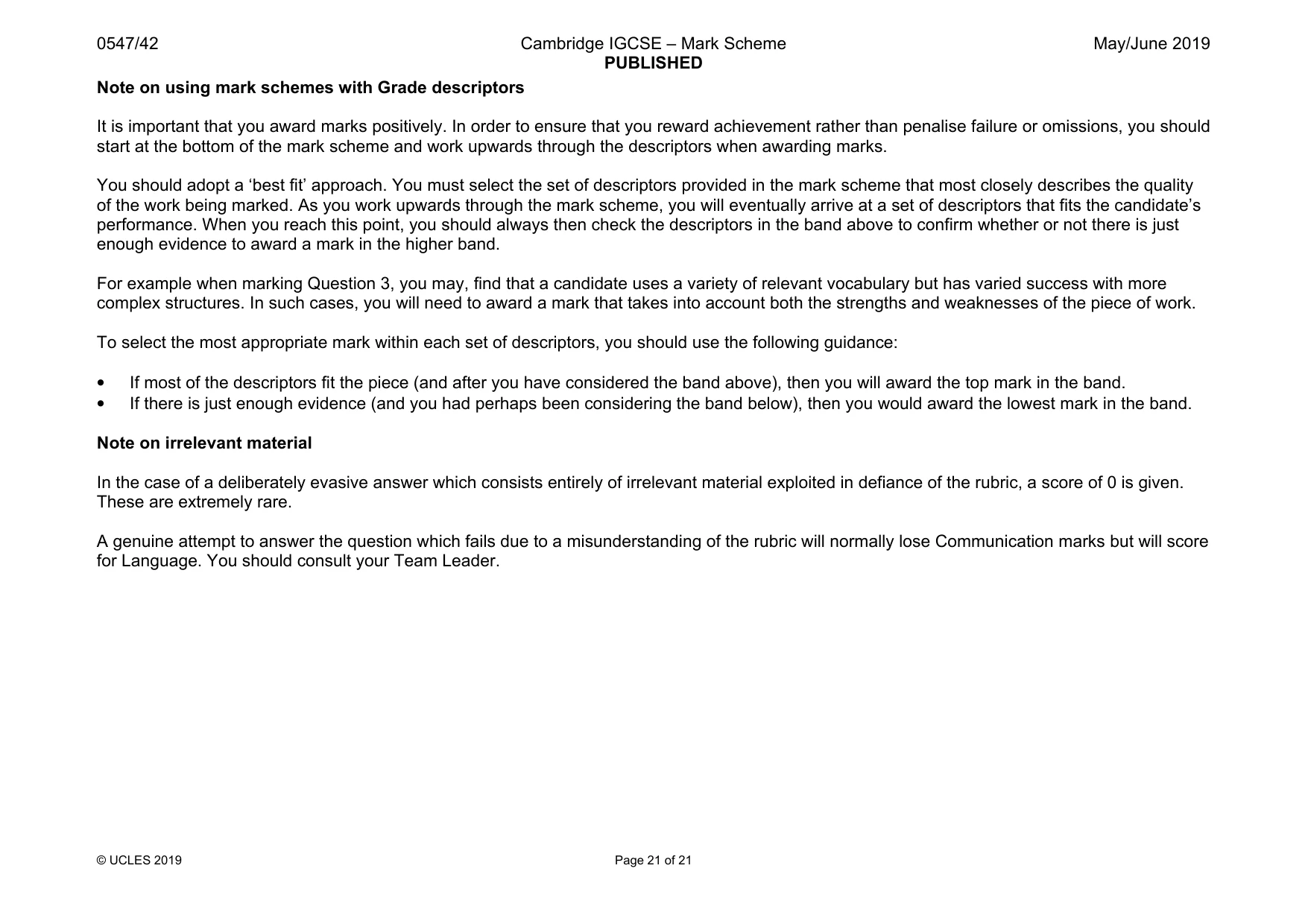 Mark scheme, page 21 of 21