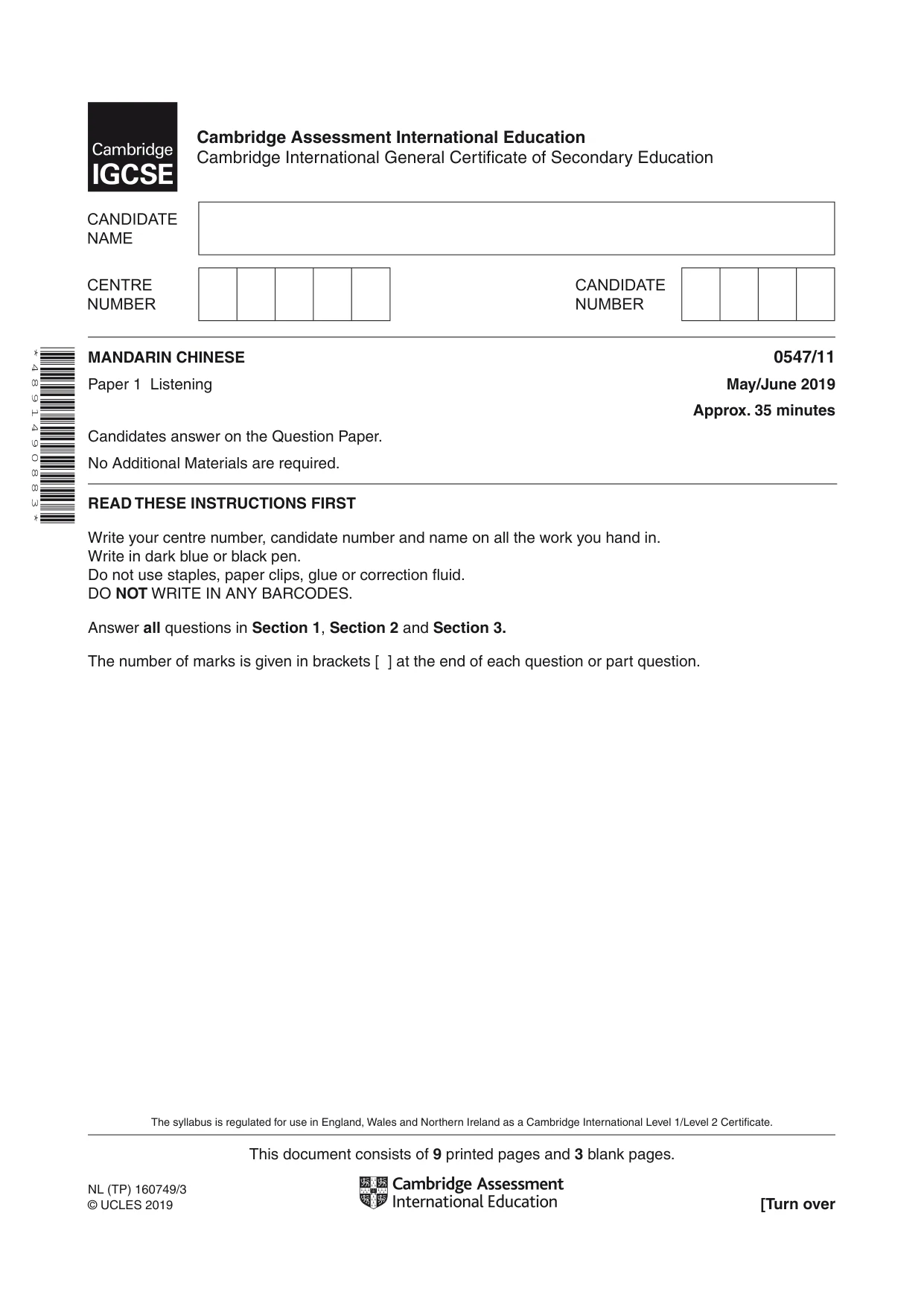 Cambridge IGCSE Chinese (Mandarin) - Foreign Language 0547 2019 May/June Paper 1 · Variant 1 question paper, page 1 of 12