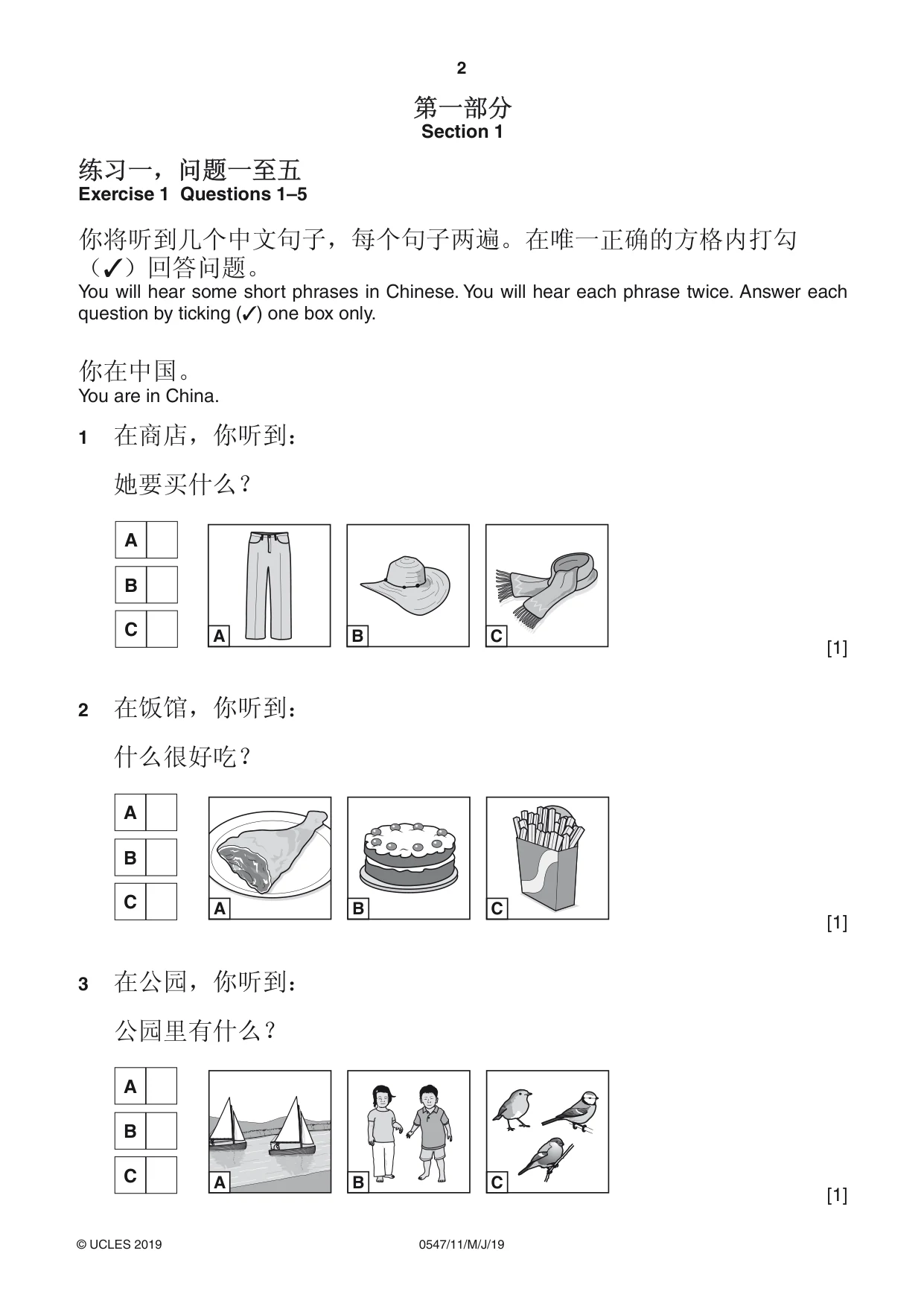 Cambridge IGCSE Chinese (Mandarin) - Foreign Language 0547 2019 May/June Paper 1 · Variant 1 question paper, page 2 of 12