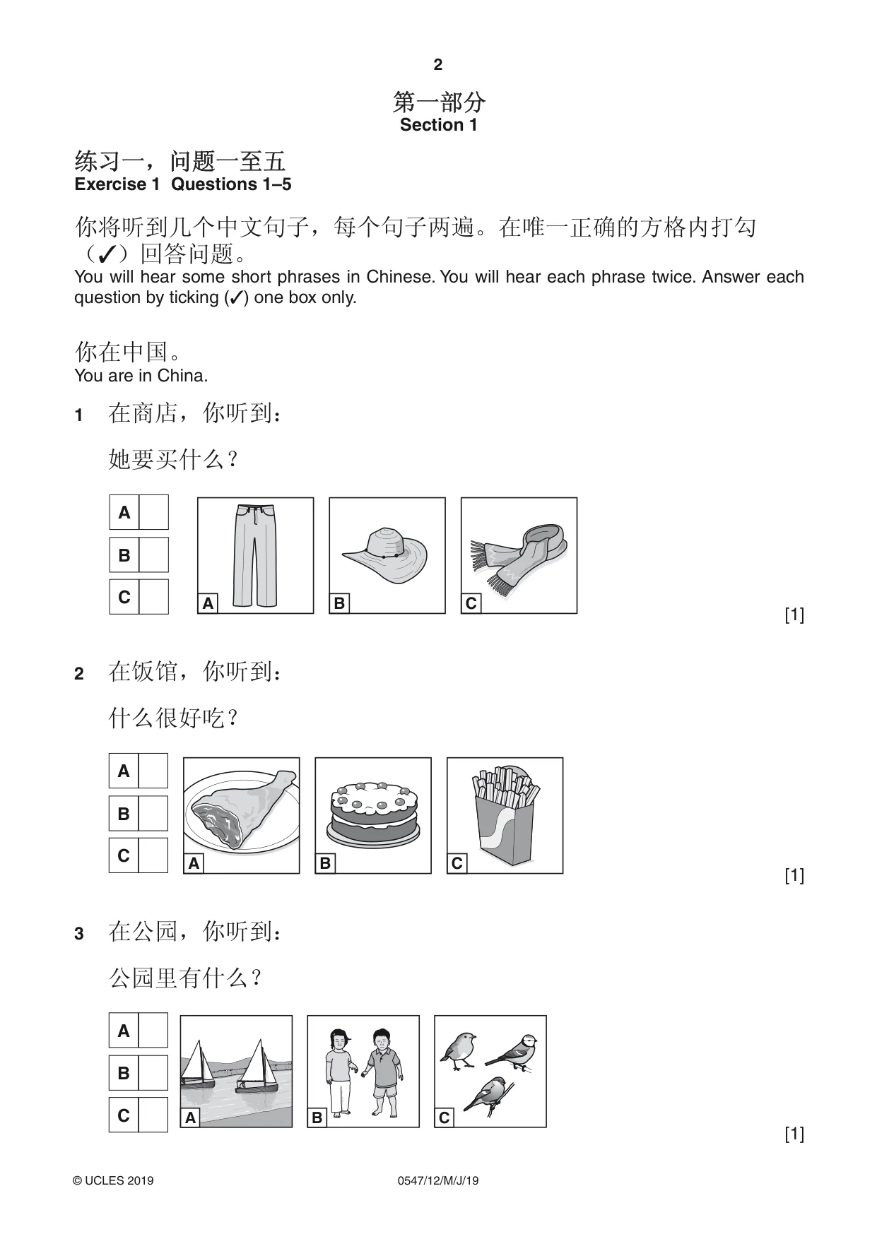 Cambridge IGCSE Chinese (Mandarin) - Foreign Language 0547 2019 May/June Paper 1 · Variant 2 question paper, page 2 of 12