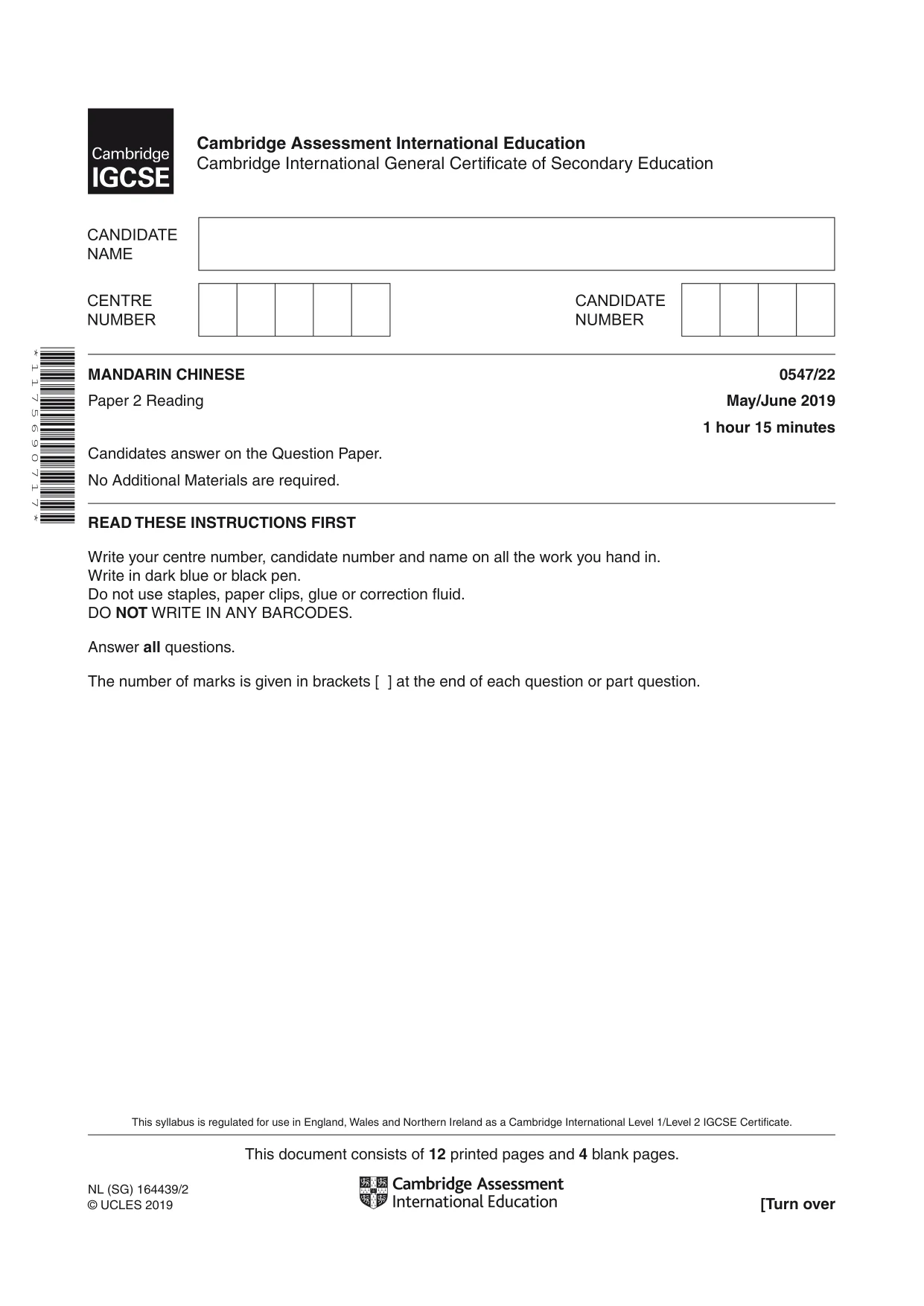 Cambridge IGCSE Chinese (Mandarin) - Foreign Language 0547 2019 May/June Paper 2 · Variant 2 question paper, page 1 of 16