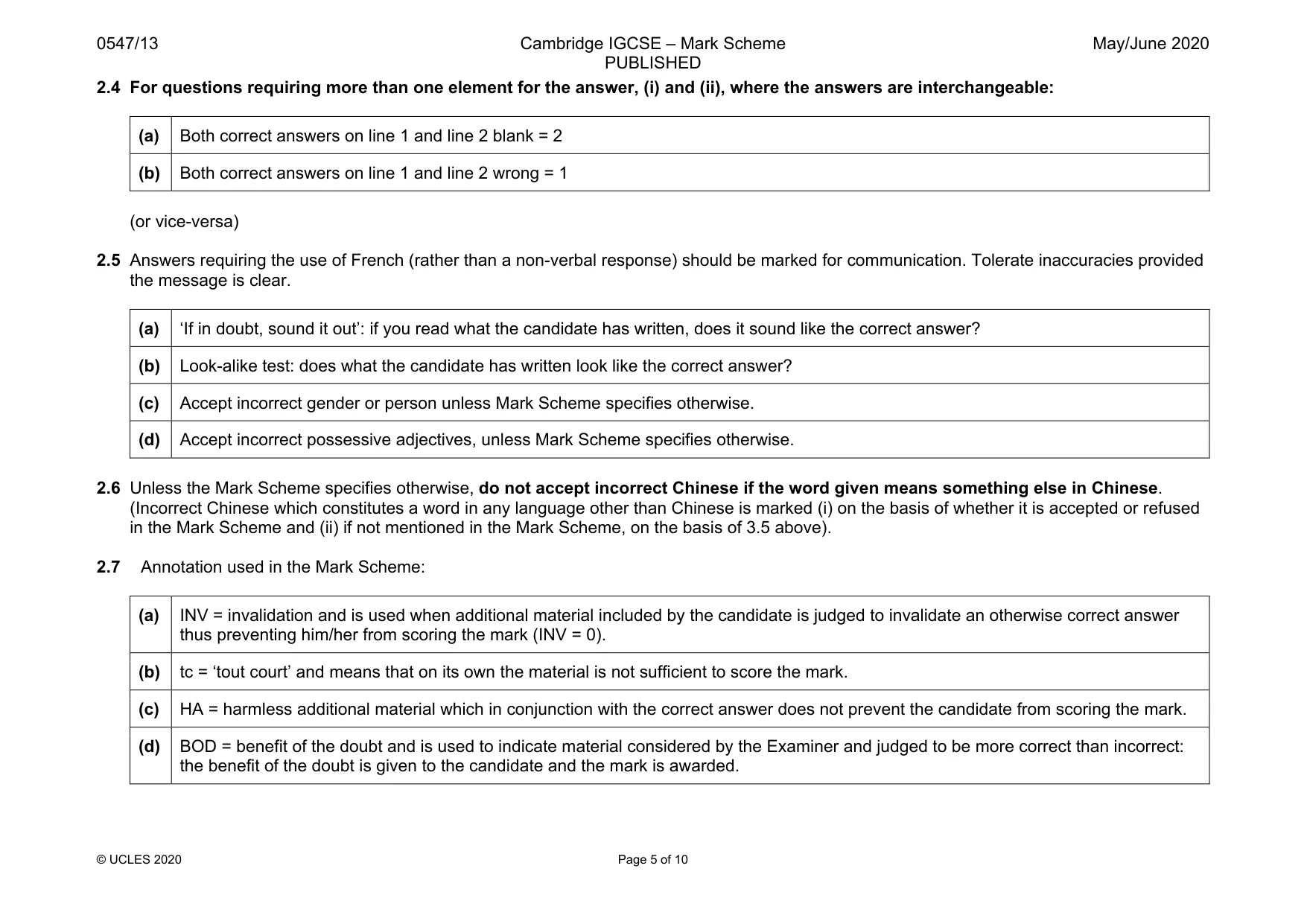 Mark scheme, page 5 of 10
