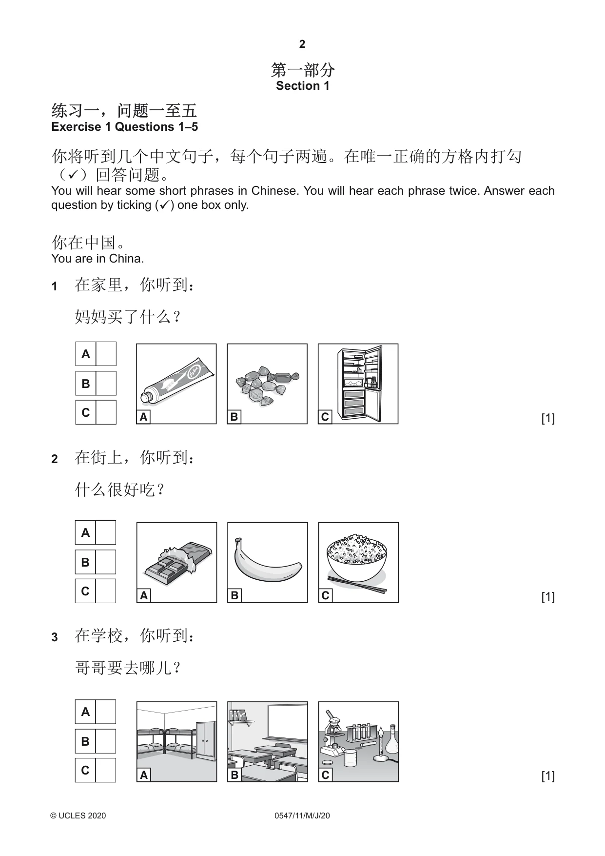 Cambridge IGCSE Chinese (Mandarin) - Foreign Language 0547 2020 May/June Paper 1 · Variant 1 question paper, page 2 of 12