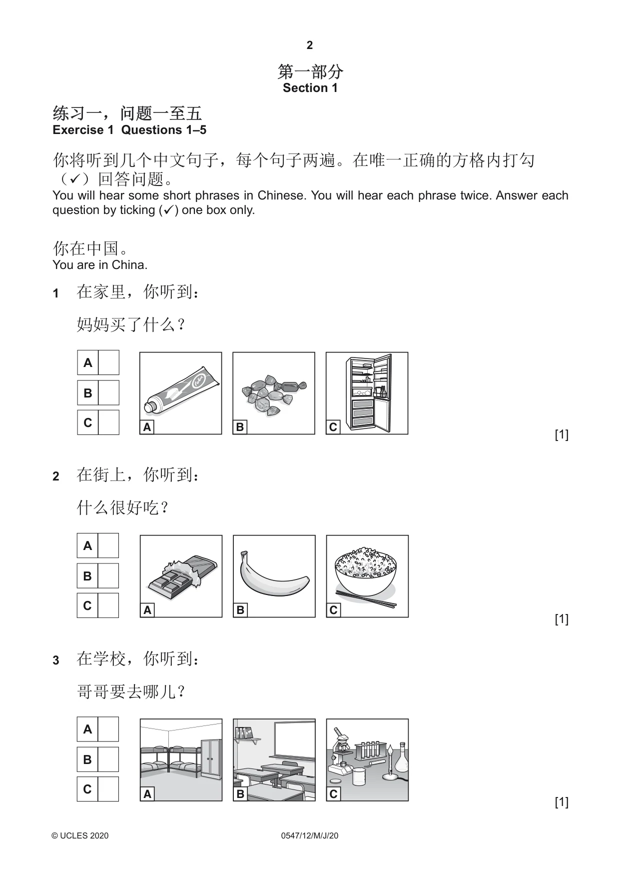 Cambridge IGCSE Chinese (Mandarin) - Foreign Language 0547 2020 May/June Paper 1 · Variant 2 question paper, page 2 of 12