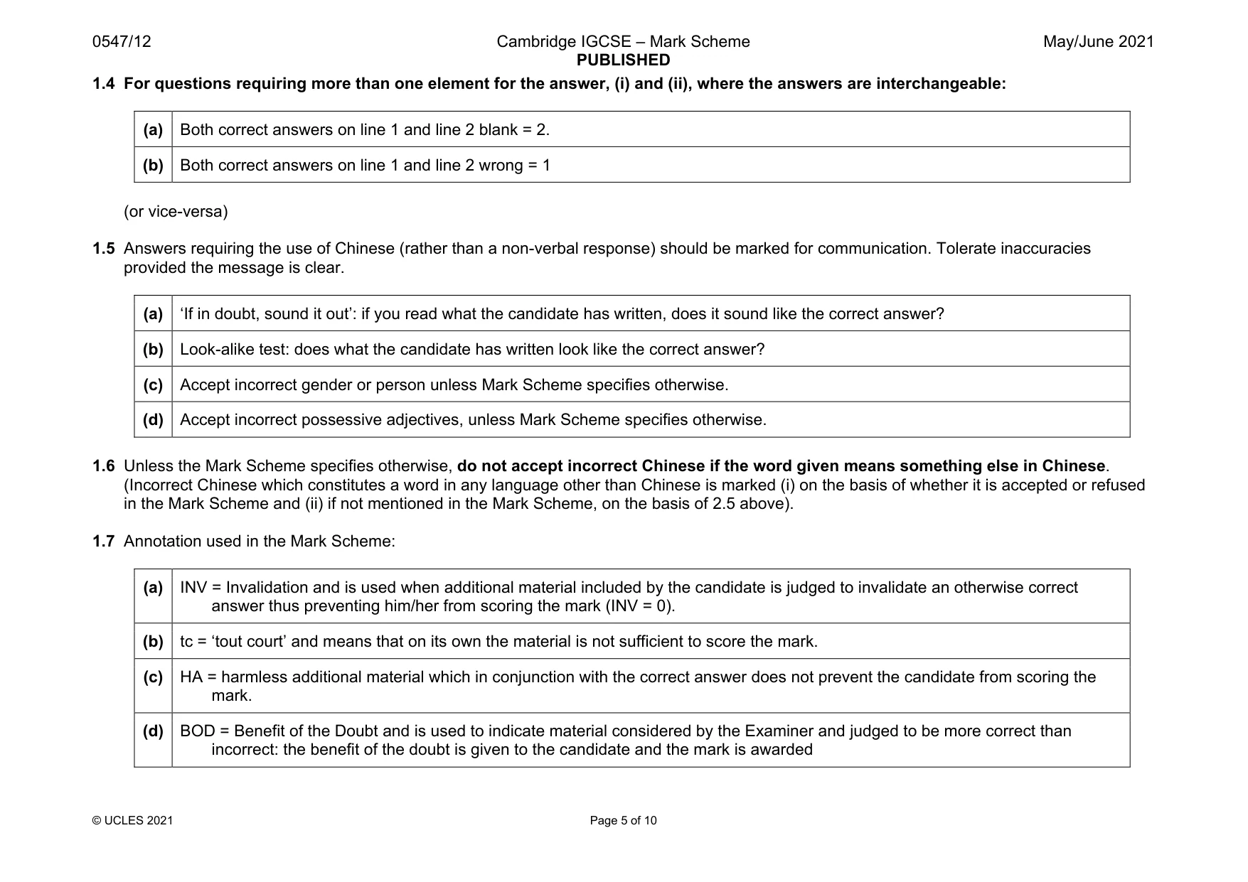 Mark scheme, page 5 of 10