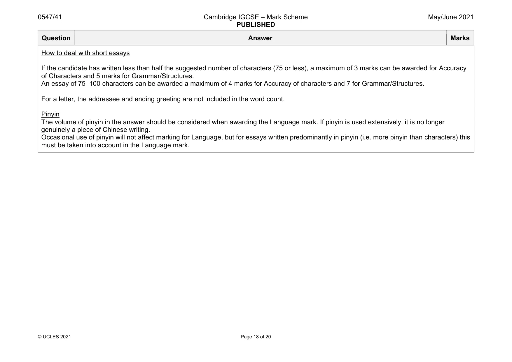 Mark scheme, page 18 of 20