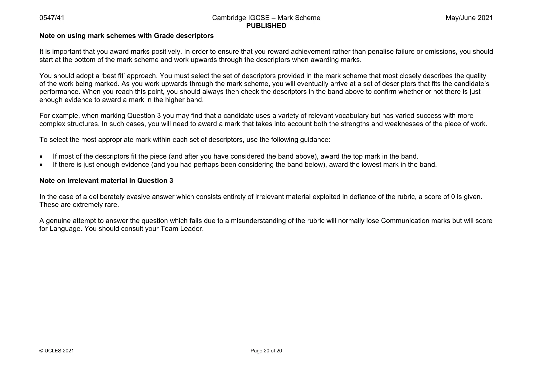 Mark scheme, page 20 of 20