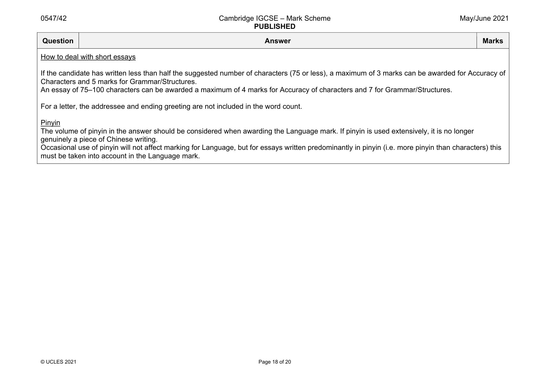 Mark scheme, page 18 of 20