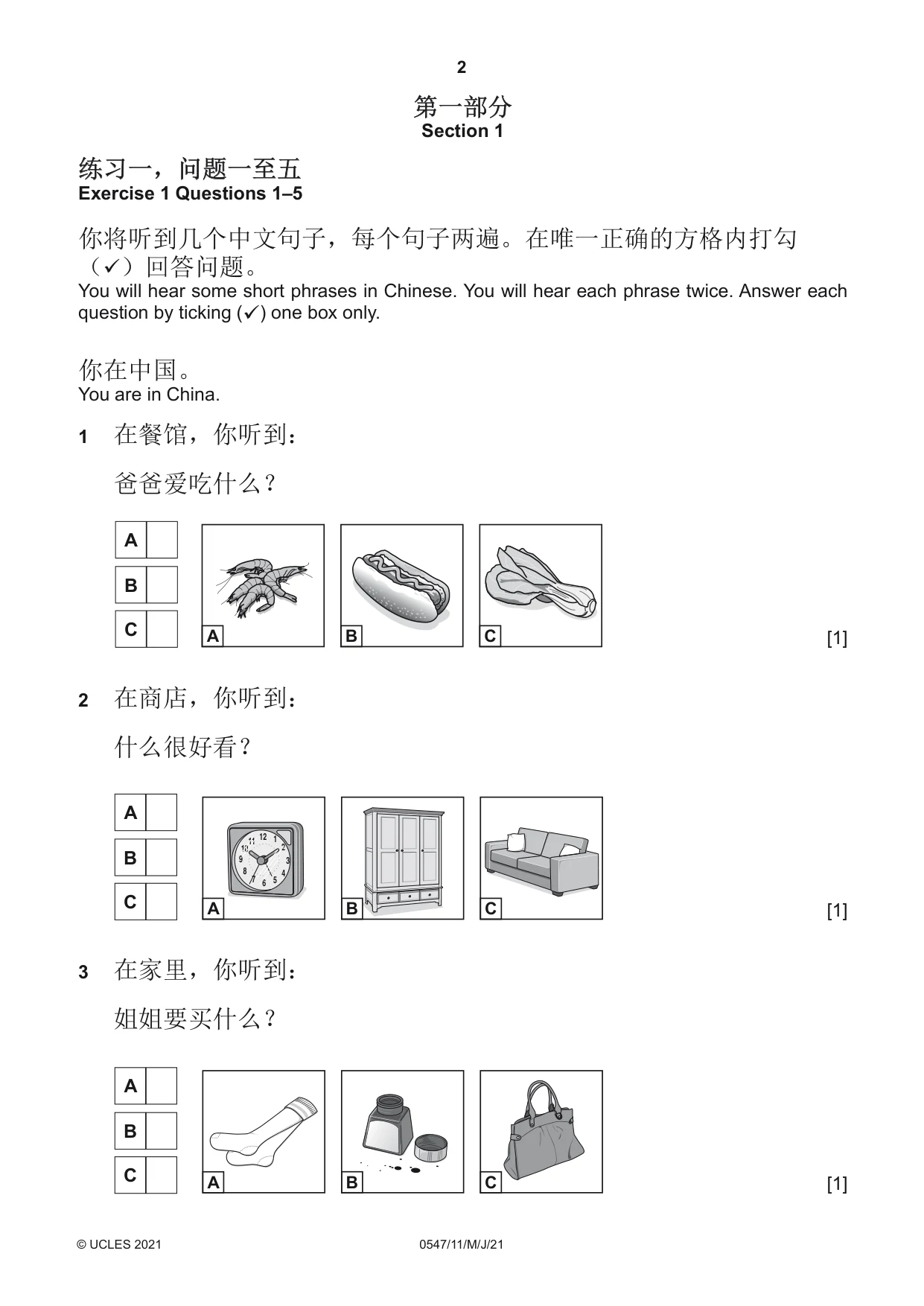 Cambridge IGCSE Chinese (Mandarin) - Foreign Language 0547 2021 May/June Paper 1 · Variant 1 question paper, page 2 of 12