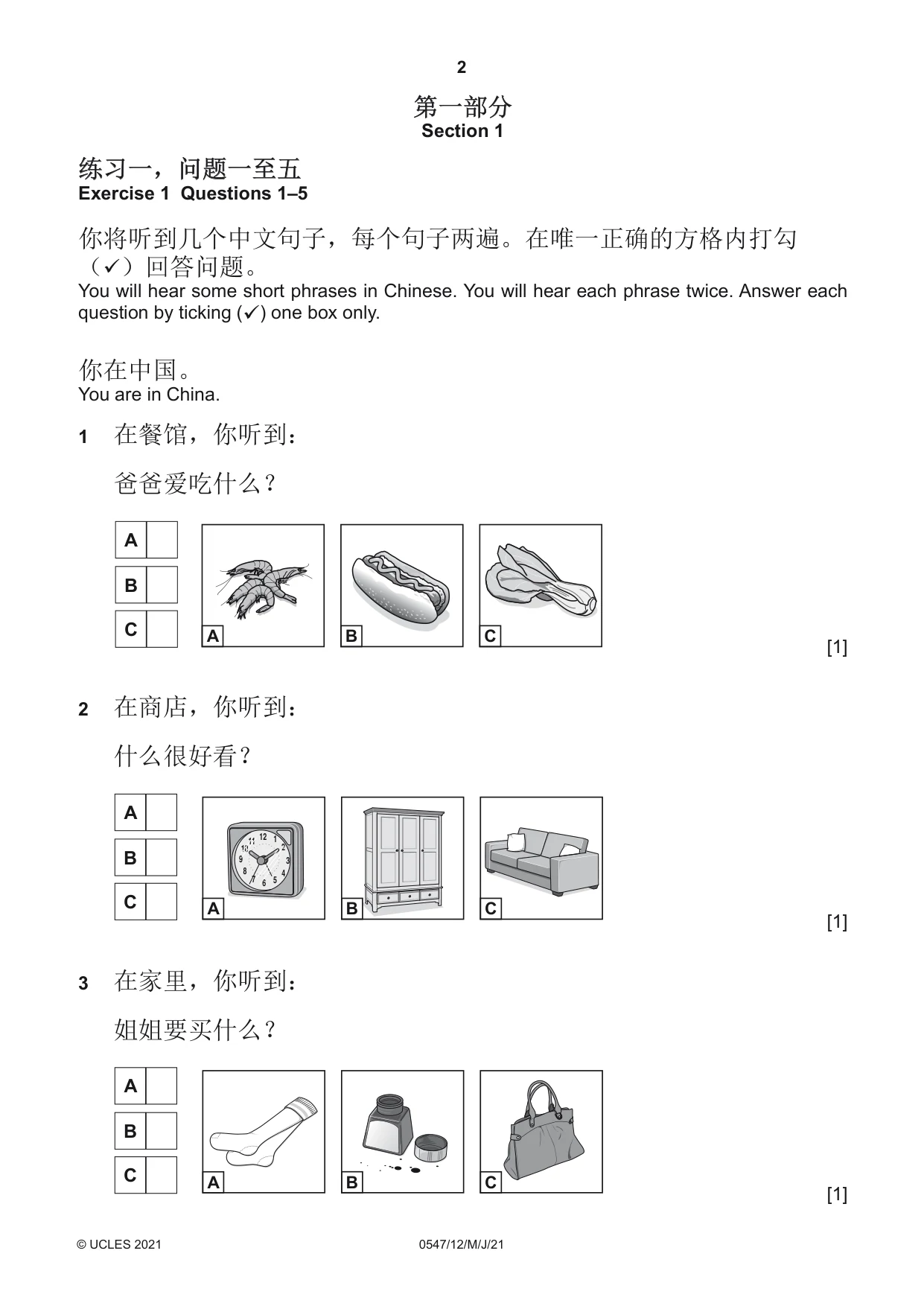 Cambridge IGCSE Chinese (Mandarin) - Foreign Language 0547 2021 May/June Paper 1 · Variant 2 question paper, page 2 of 12