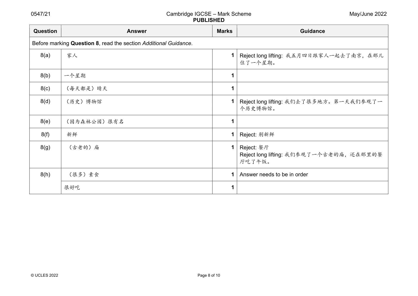 Mark scheme, page 8 of 10