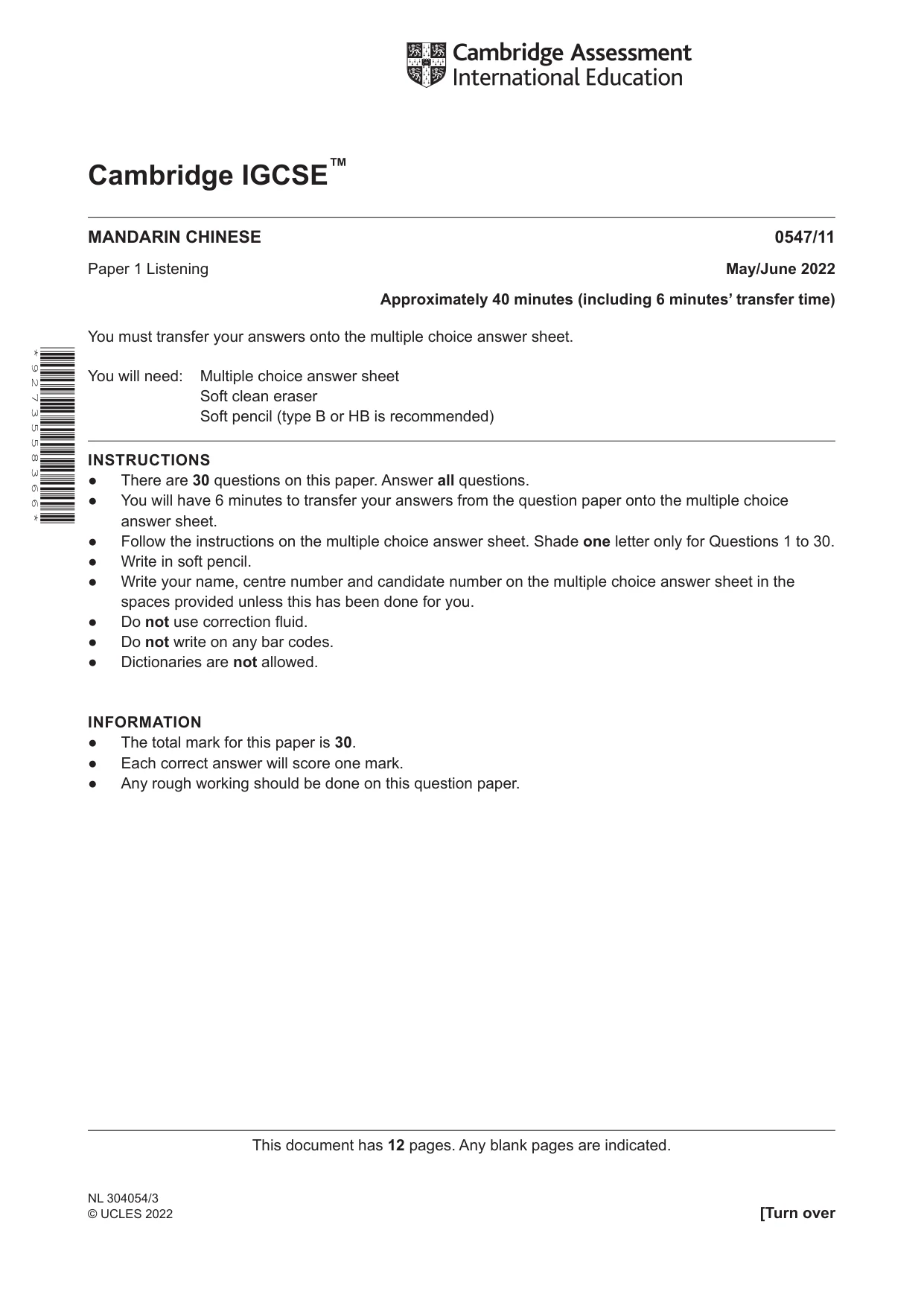 Cambridge IGCSE Chinese (Mandarin) - Foreign Language 0547 2022 May/June Paper 1 · Variant 1 question paper, page 1 of 12
