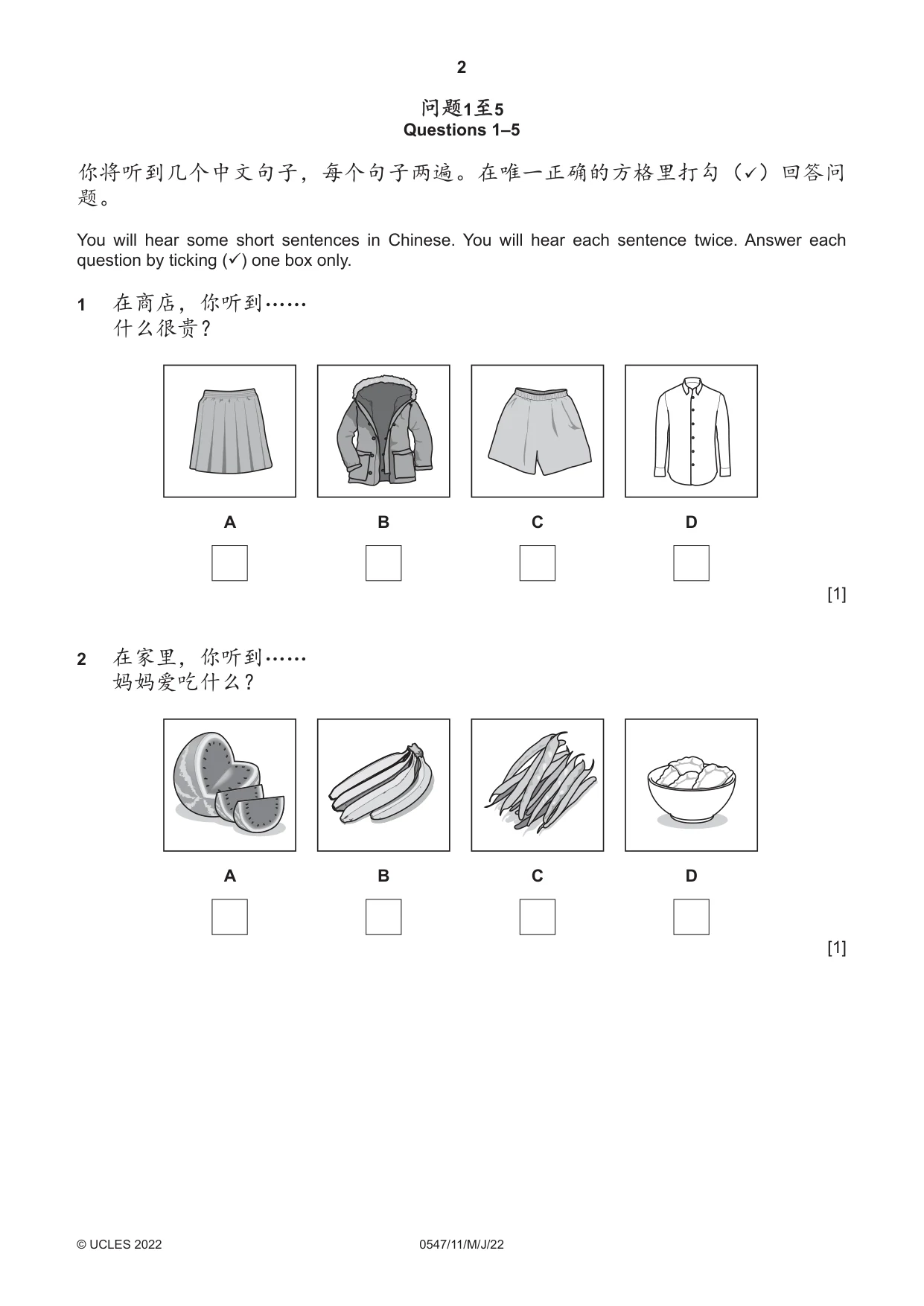 Cambridge IGCSE Chinese (Mandarin) - Foreign Language 0547 2022 May/June Paper 1 · Variant 1 question paper, page 2 of 12