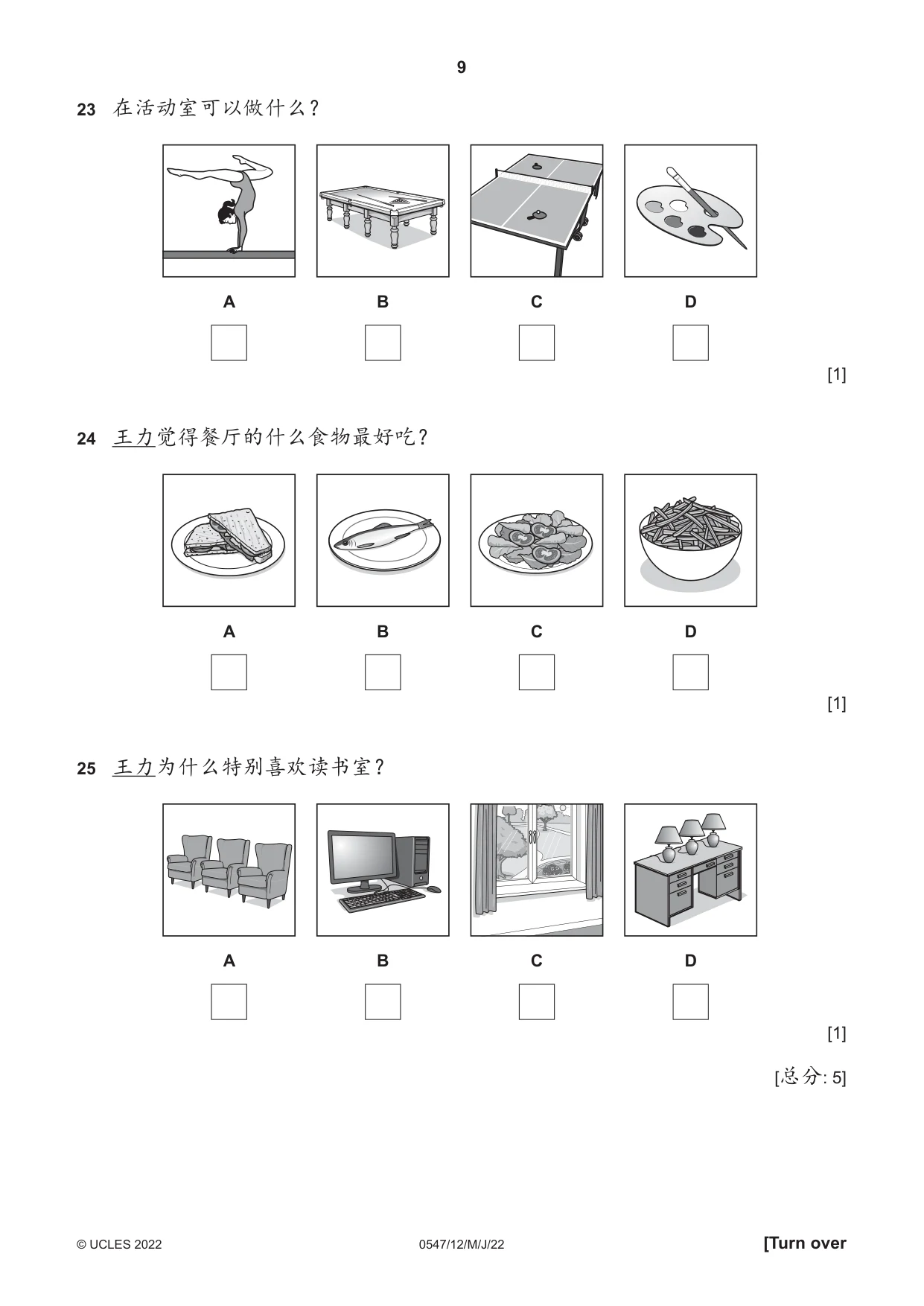 Cambridge IGCSE Chinese (Mandarin) - Foreign Language 0547 2022 May/June Paper 1 · Variant 2 question paper, page 9 of 12