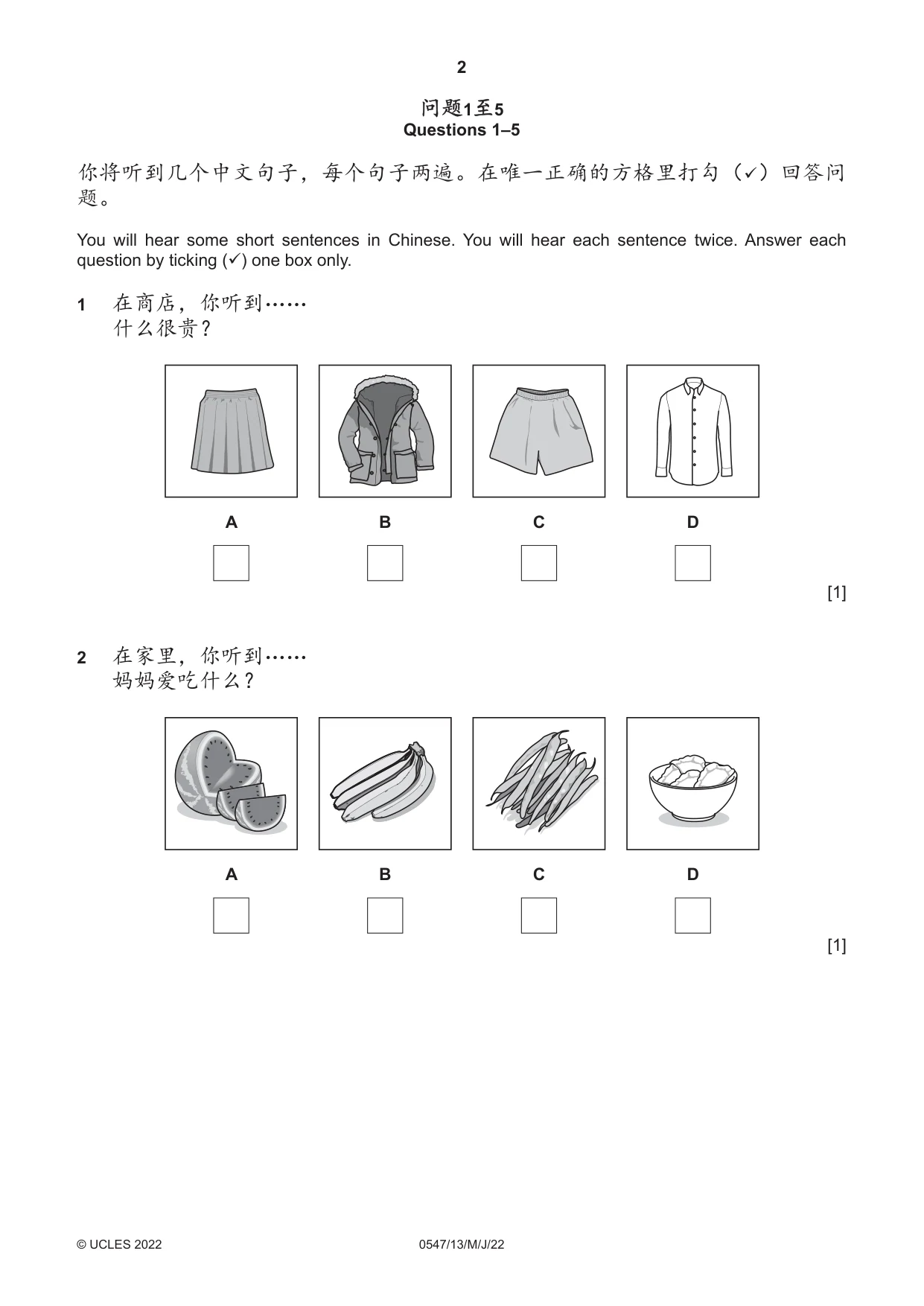 Cambridge IGCSE Chinese (Mandarin) - Foreign Language 0547 2022 May/June Paper 1 · Variant 3 question paper, page 2 of 12