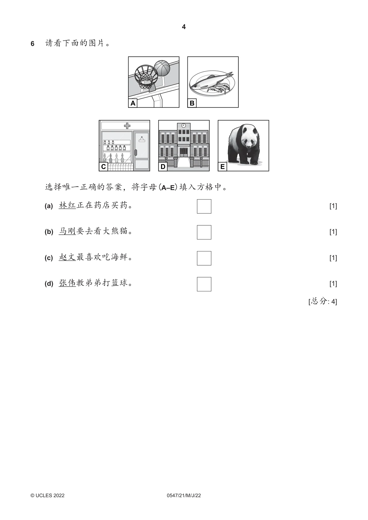 Cambridge IGCSE Chinese (Mandarin) - Foreign Language 0547 2022 May/June Paper 2 · Variant 1 question paper, page 4 of 12