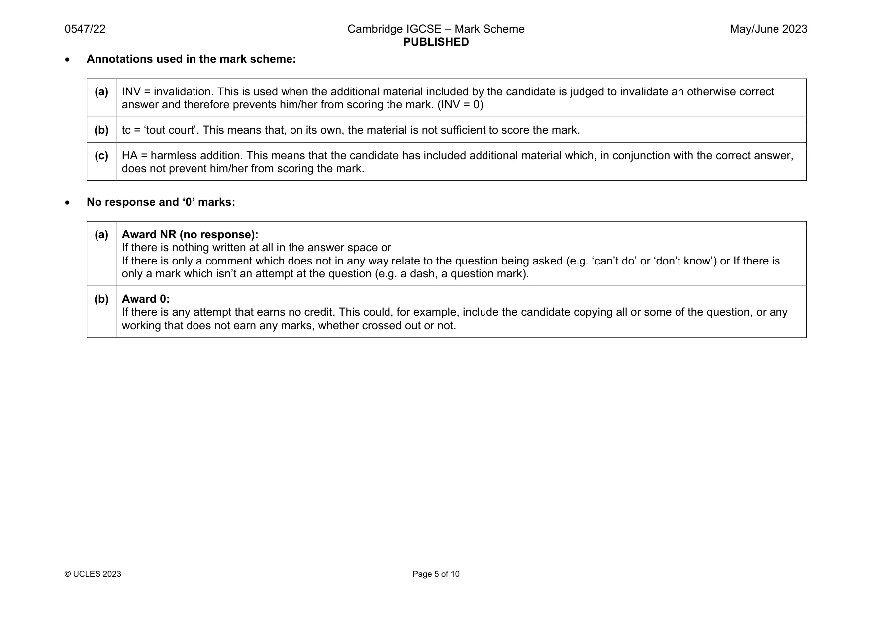 Mark scheme, page 5 of 10