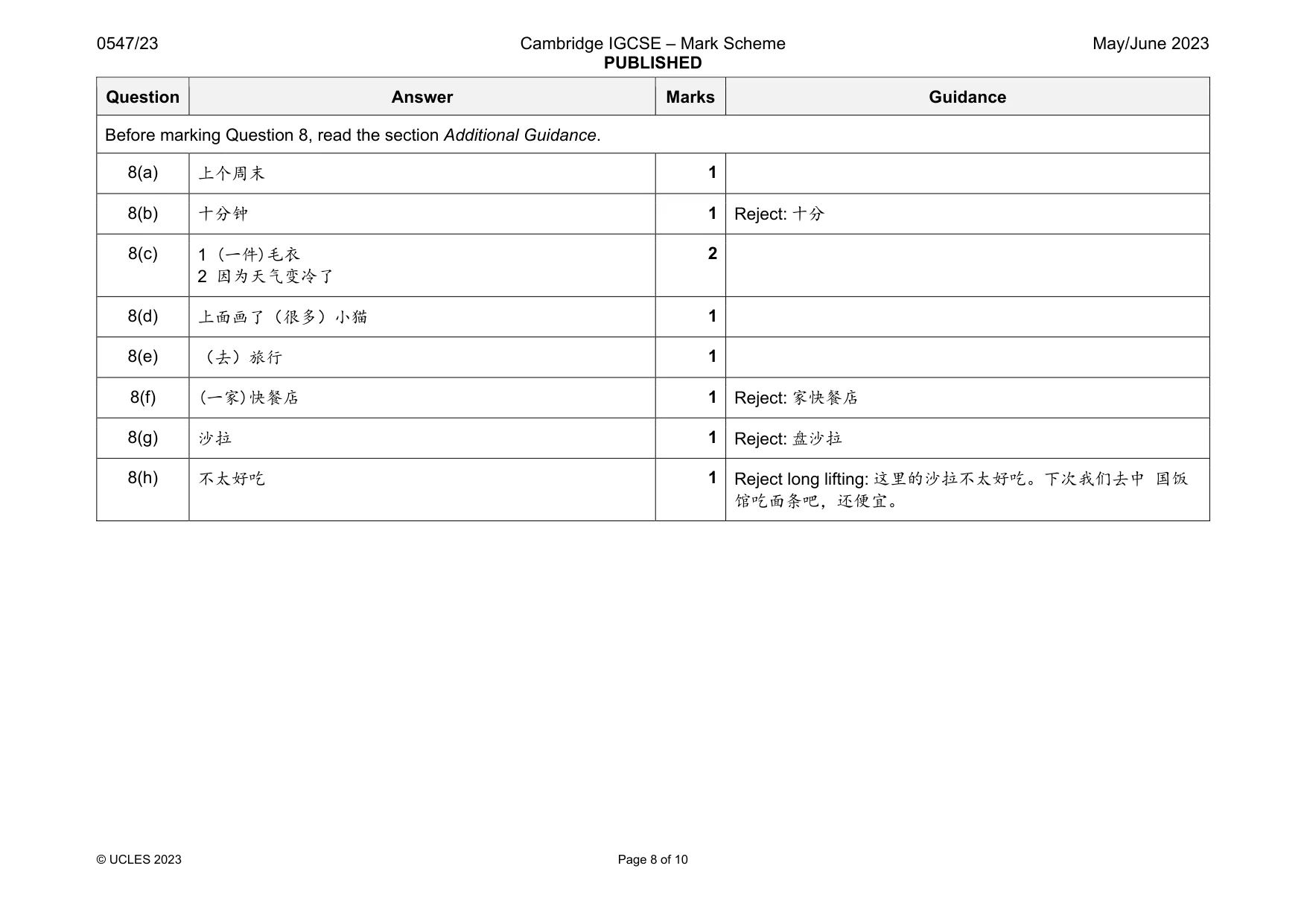 Mark scheme, page 8 of 10