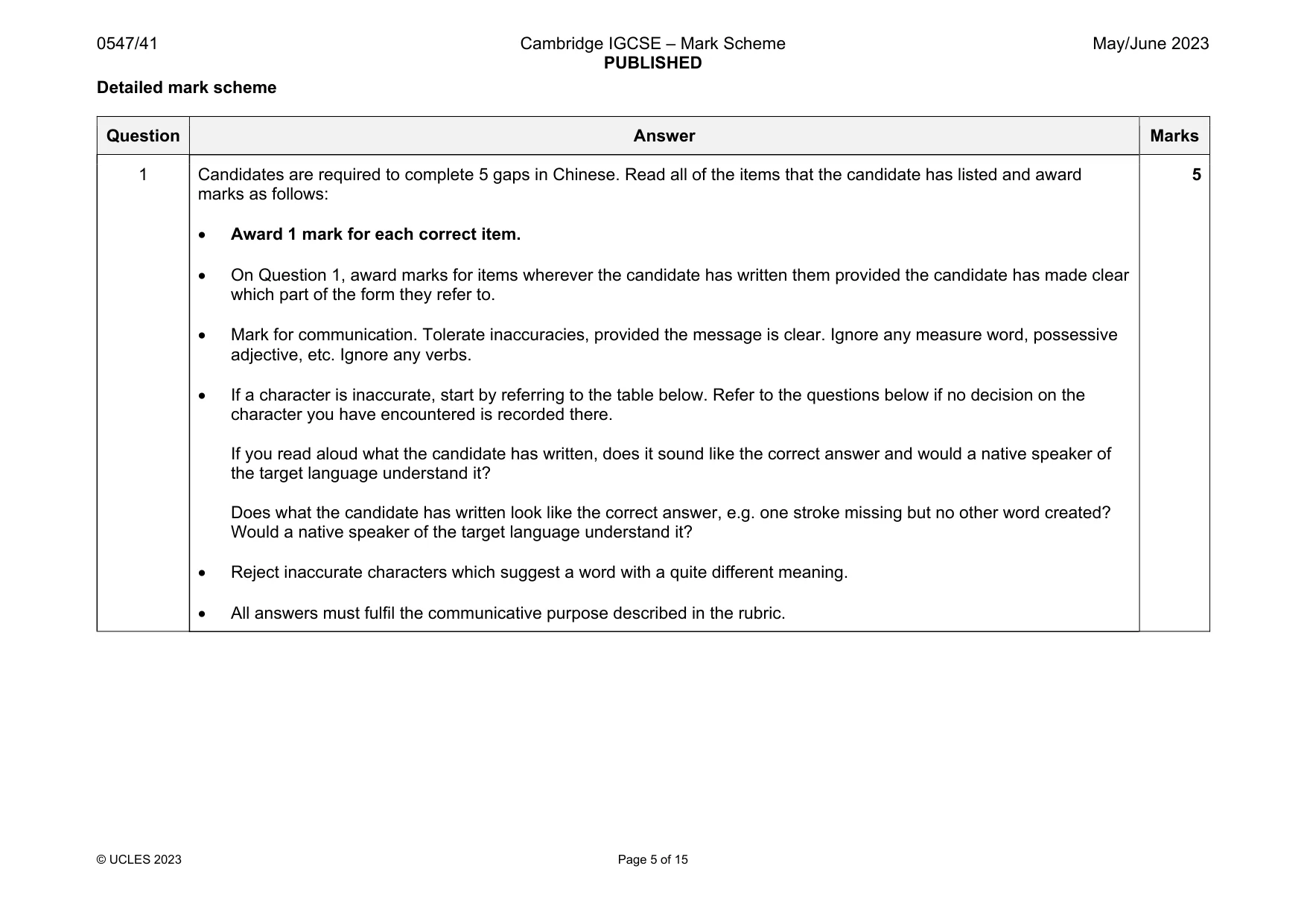 Mark scheme, page 5 of 15