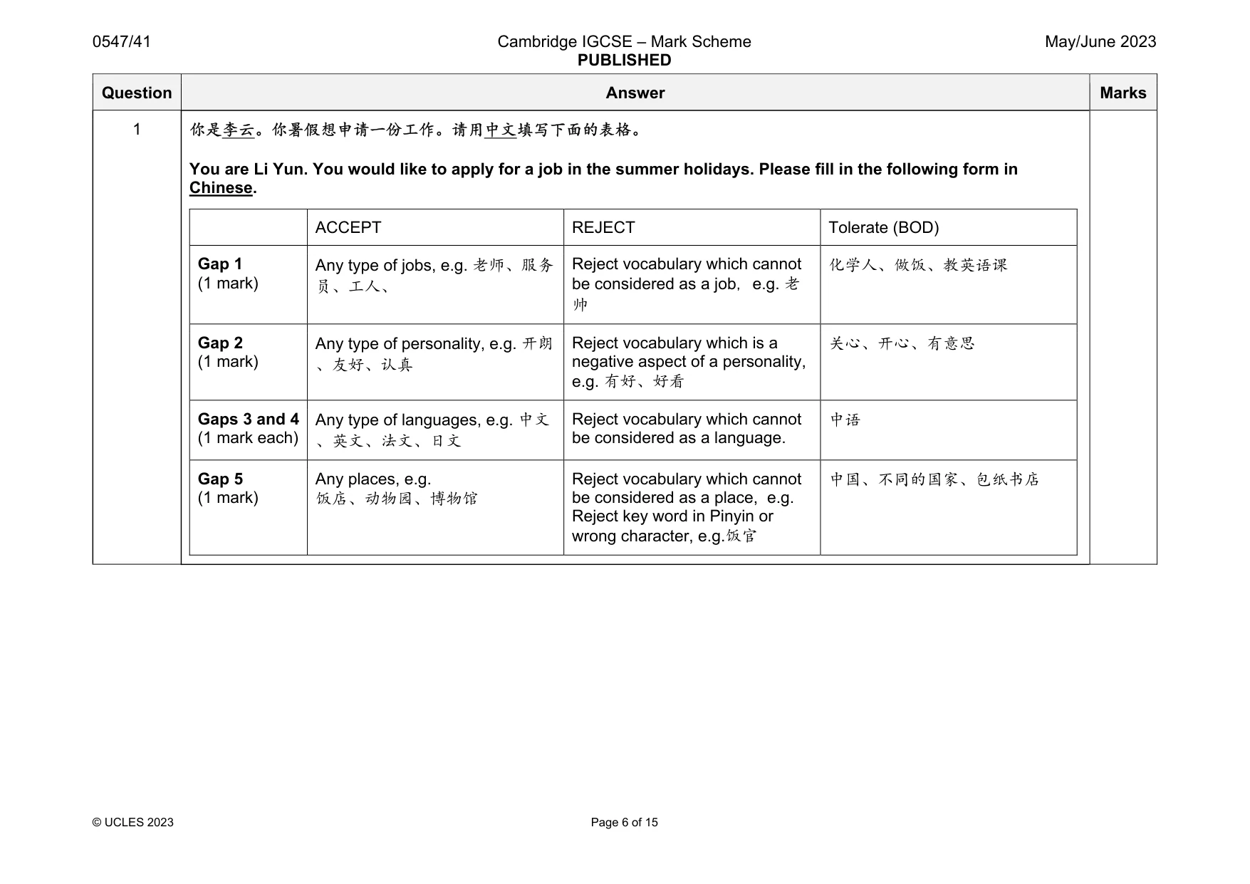 Mark scheme, page 6 of 15