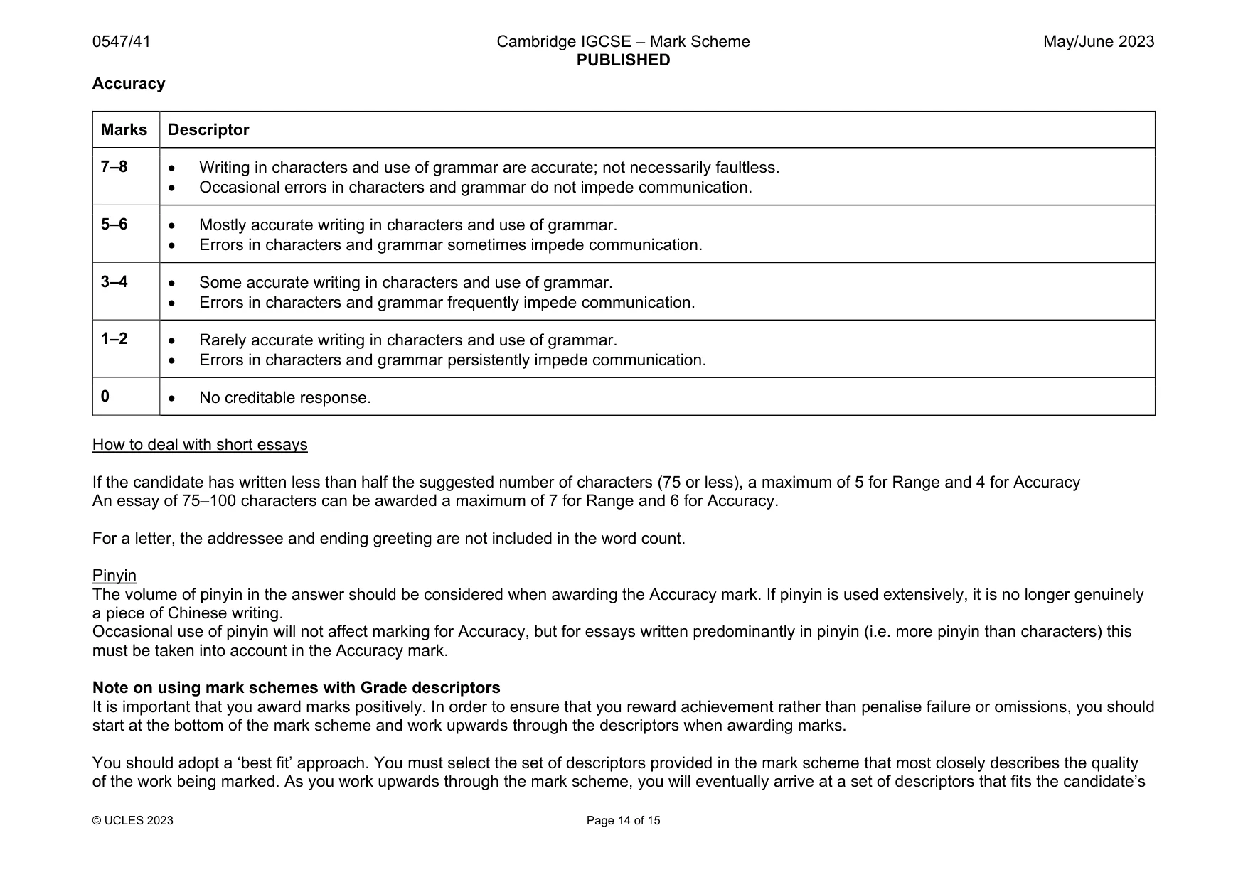 Mark scheme, page 14 of 15