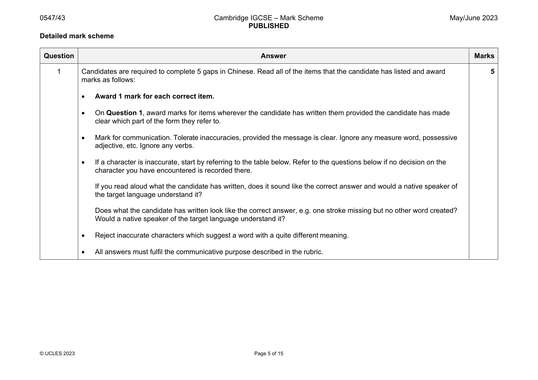Mark scheme, page 5 of 15