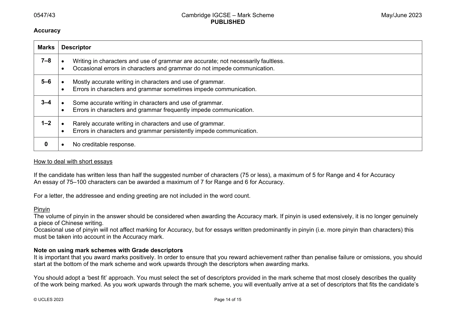 Mark scheme, page 14 of 15