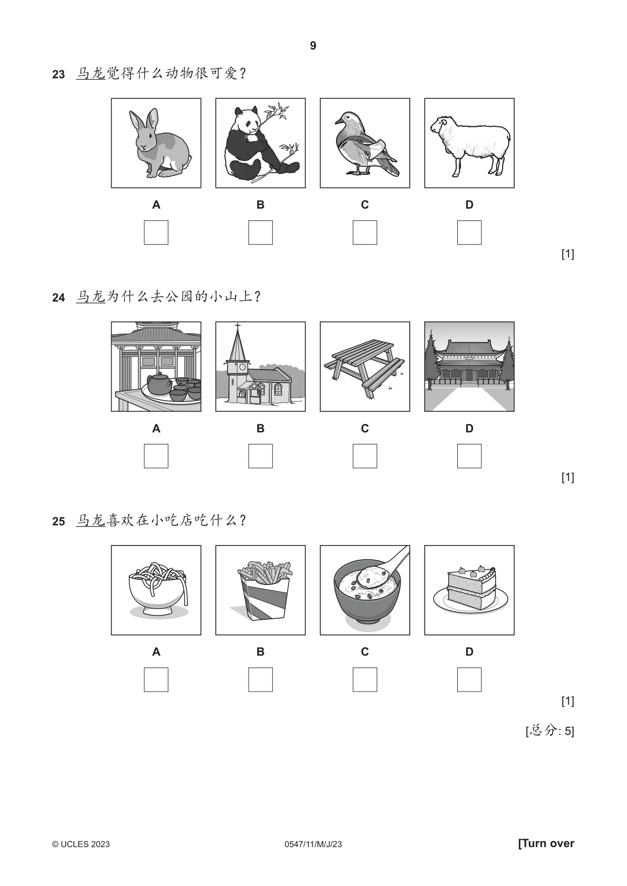 Cambridge IGCSE Chinese (Mandarin) - Foreign Language 0547 2023 May/June Paper 1 · Variant 1 question paper, page 9 of 12